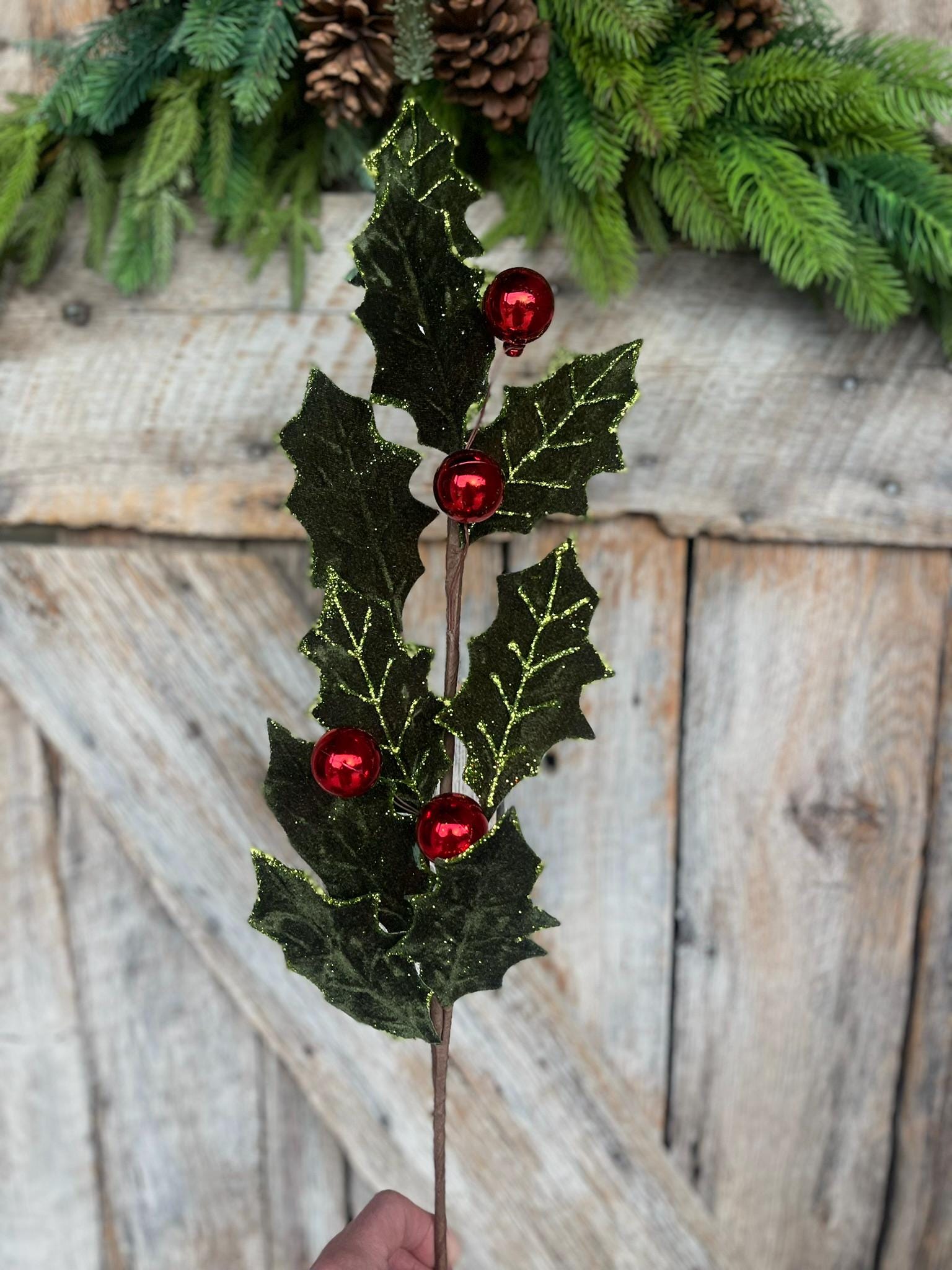 27" Red Green Velvet Holly Leaf Spray, Christmas Spray, Christmas Tree Spray, Christmas Tree Topper, Christmas Velvet Spray, Wreath Supply