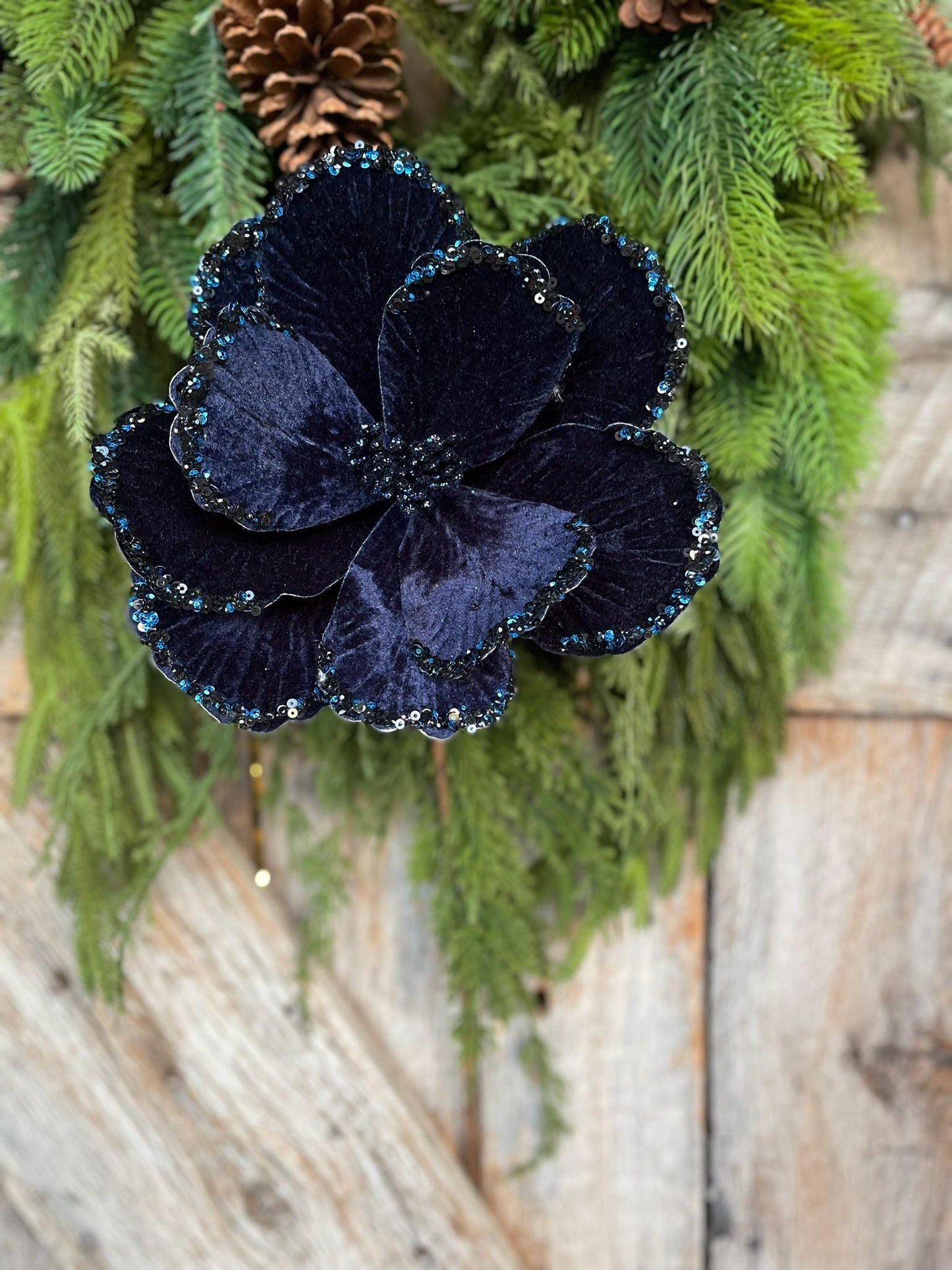 24" Dark Blue Magnolia, Sequin Border Magnolia