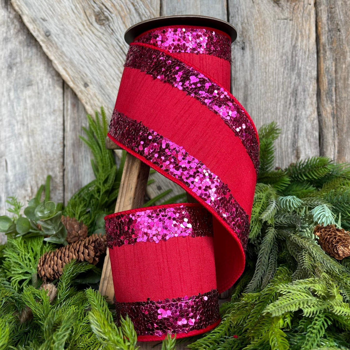 4" Red Hot Pink Glitter RIbbon, Red Fuchsia Glitter Ribbon