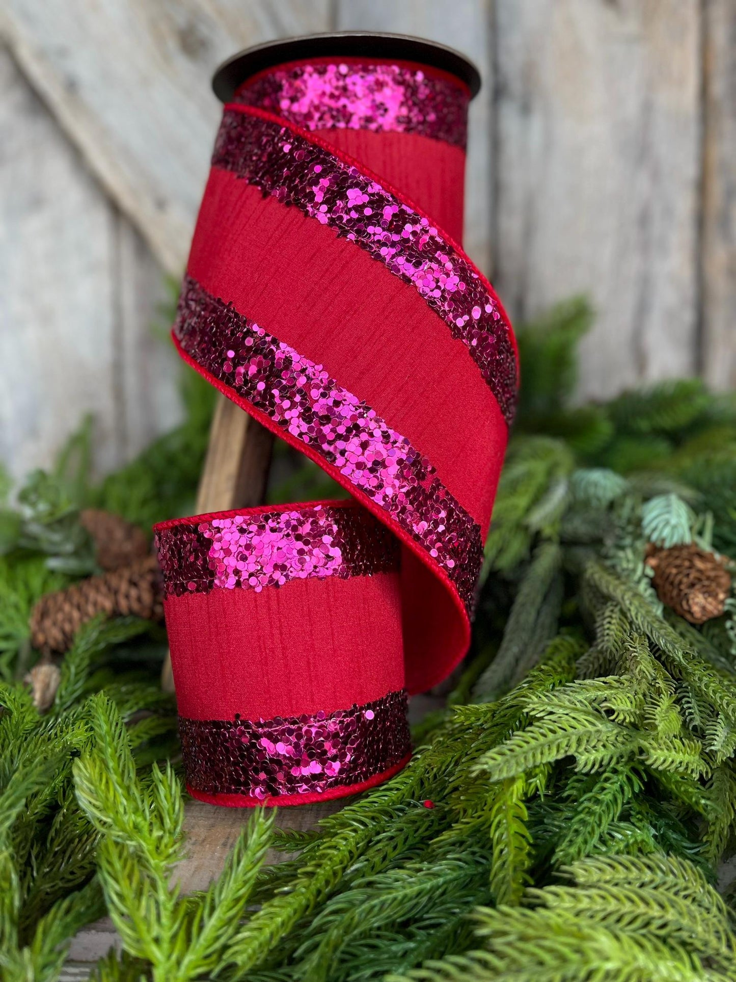 4" Red Hot Pink Glitter RIbbon, Red Fuchsia Glitter Ribbon