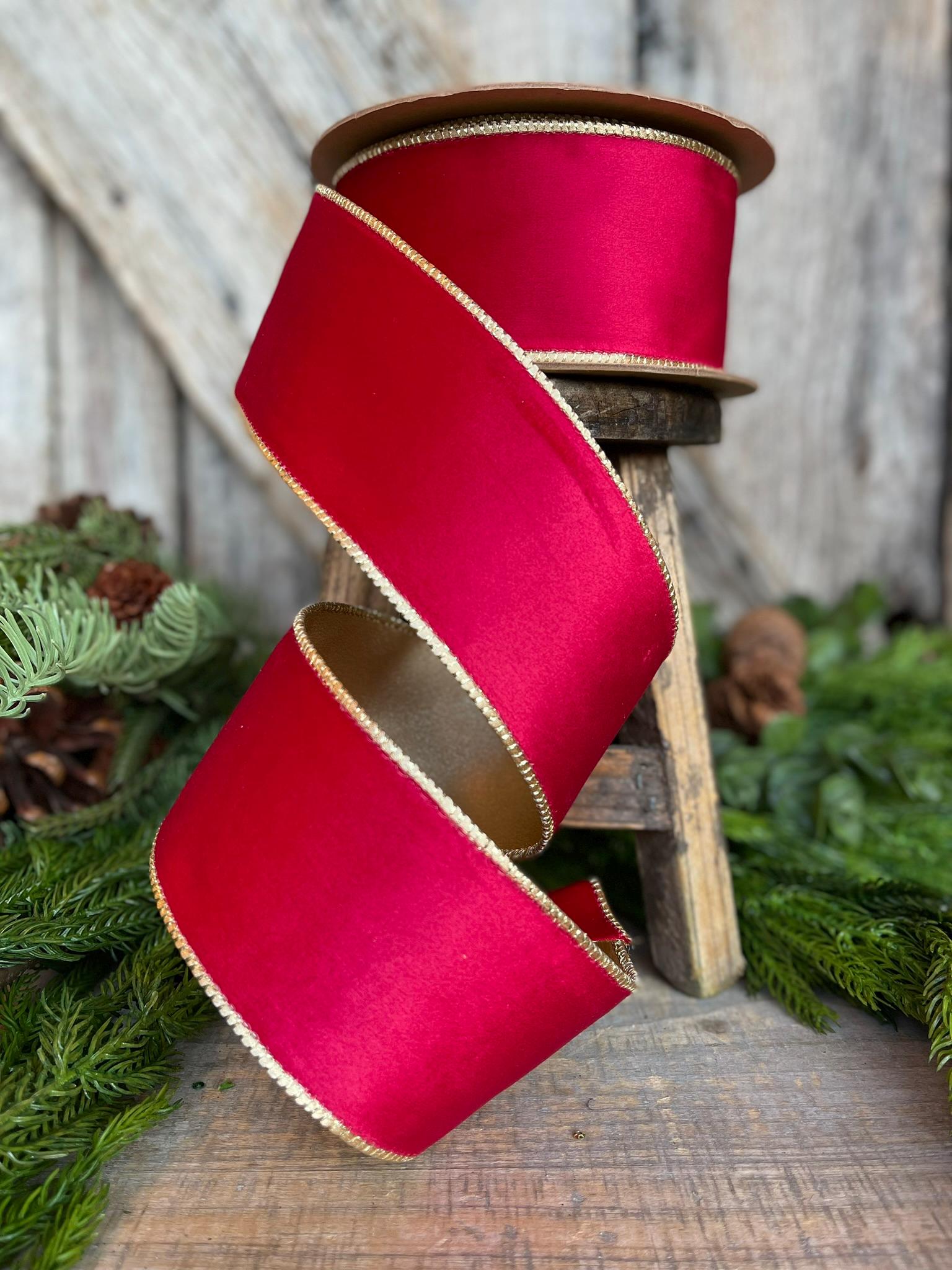 2.5" Red Gold Velvet Ribbon, Red Velvet Ribbon, Christmas RIbbon, Red and Gold Velvet Ribbon, Designer Ribbon, Gift Wrap Ribbon, Christmas