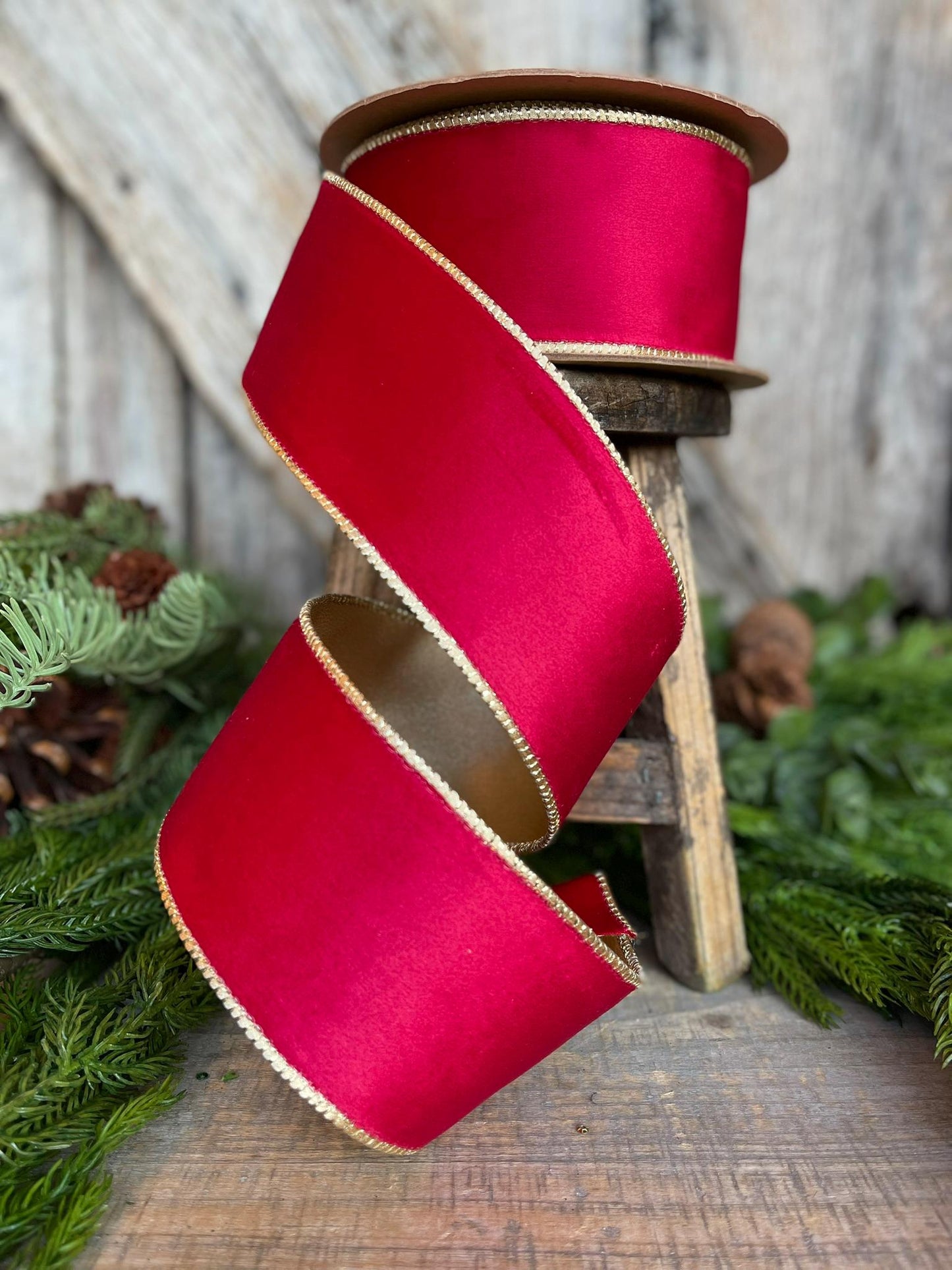 2.5" Red Gold Velvet Ribbon, Red Velvet Ribbon, Christmas RIbbon, Red and Gold Velvet Ribbon, Designer Ribbon, Gift Wrap Ribbon, Christmas