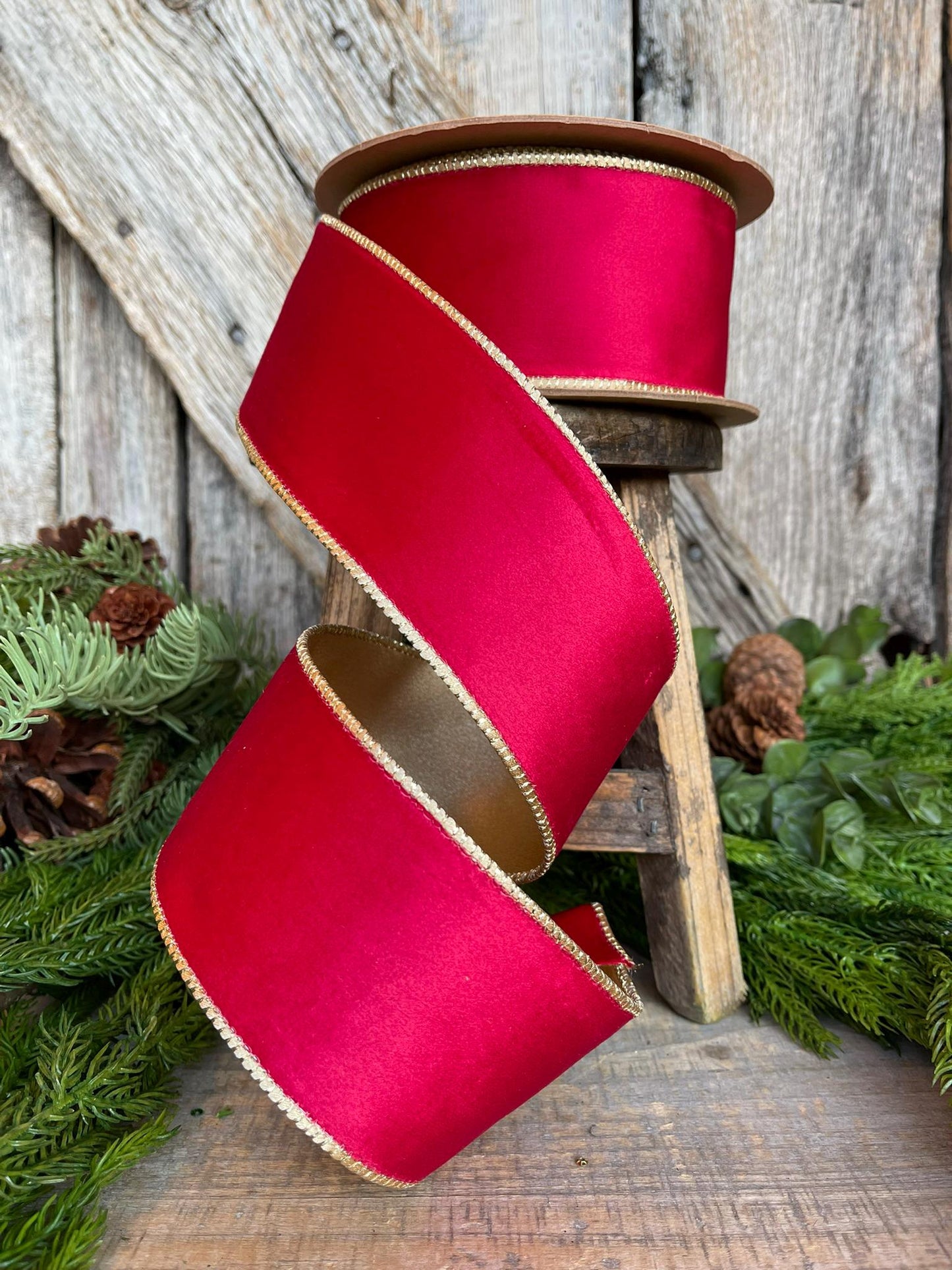 2.5" Red Gold Velvet Ribbon, Red Velvet Ribbon, Christmas RIbbon, Red and Gold Velvet Ribbon, Designer Ribbon, Gift Wrap Ribbon, Christmas