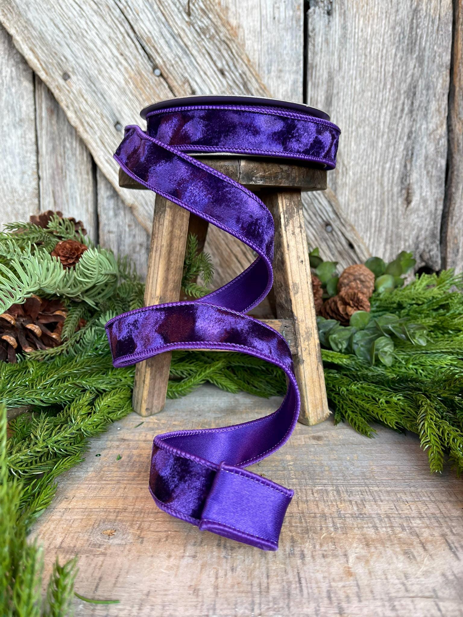 1" Purple Velvet Ribbon, Silken Velvet Ribbon, Farrisilk Wired Velvet Ribbon, wired, Christmas Ribbon, Purple Velvet Ribbon