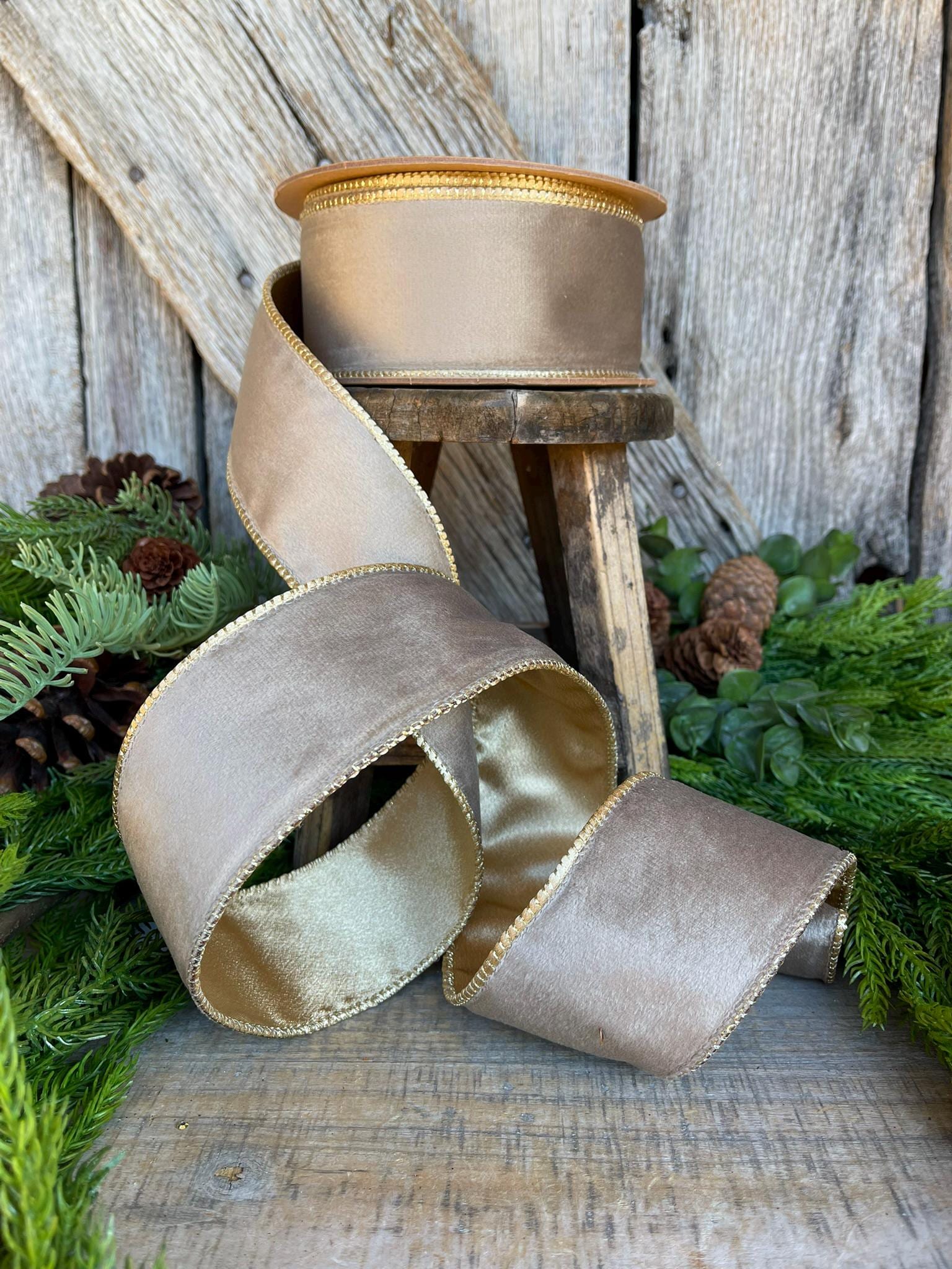 2.5" Mink Brown Velvet RIbbon, Wired Ribbon, Champagne Gold Velvet Ribbon, Christmas Velvet Ribbon, Fall Ribbon, Designer Velvet Ribbon