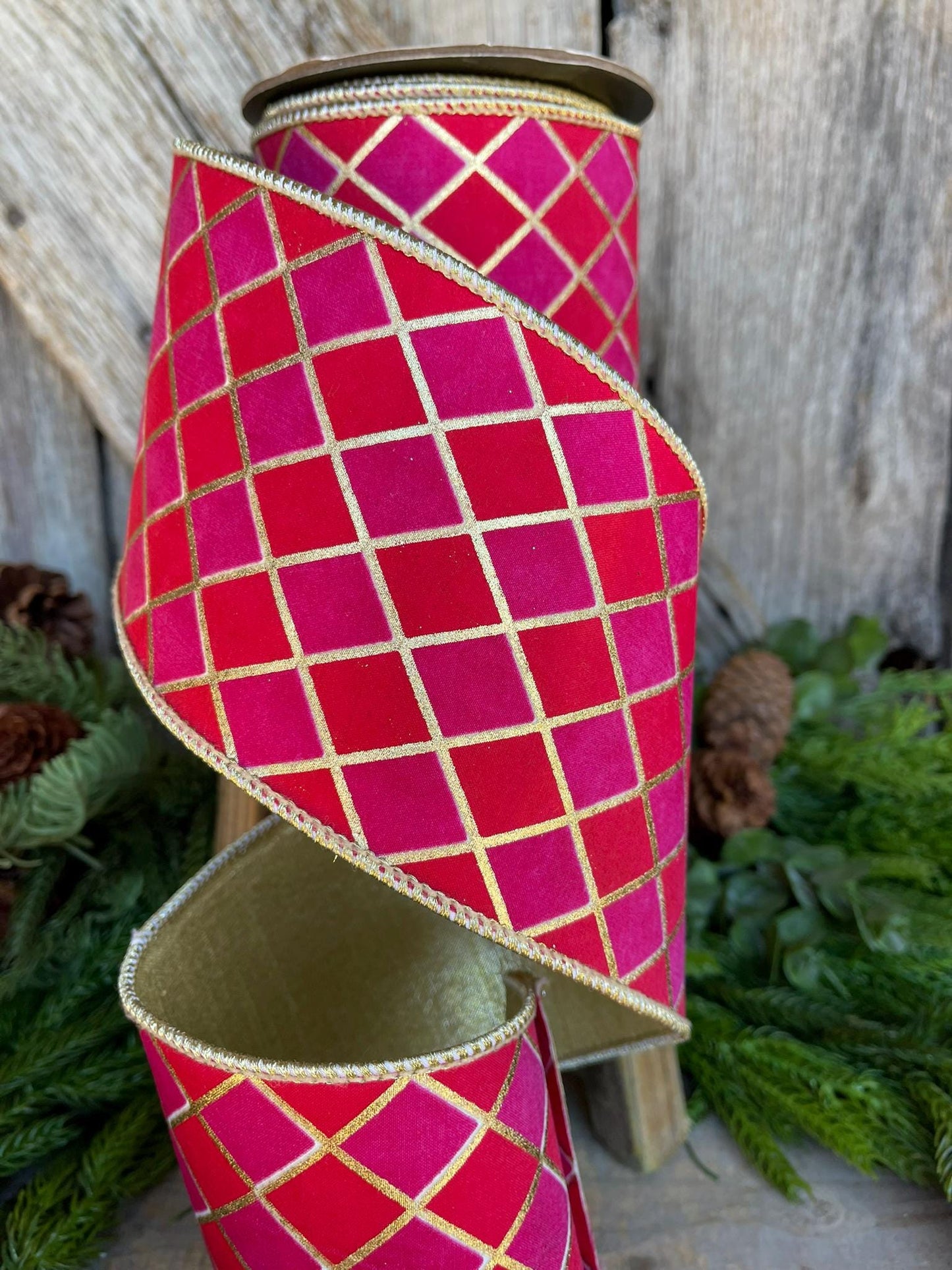 4" Red Pink Harlequin Ribbon, Diamond Ribbon, Red Hot Pink Ribbon, Wired Ribbon, Christmas Ribbon, Red and Pink Ribbon, Harlequin Ribbon