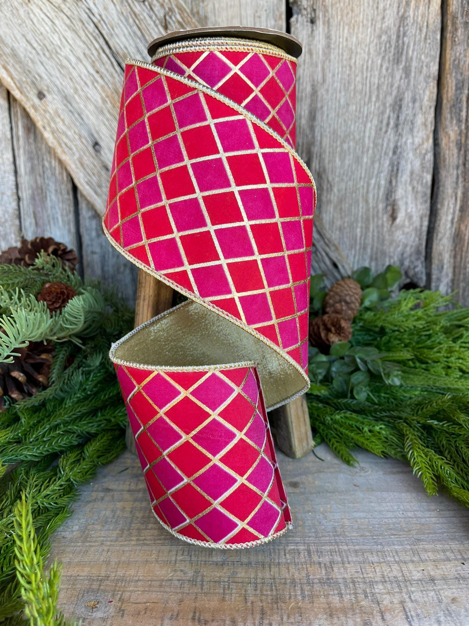 4" Red Pink Harlequin Ribbon, Diamond Ribbon, Red Hot Pink Ribbon, Wired Ribbon, Christmas Ribbon, Red and Pink Ribbon, Harlequin Ribbon