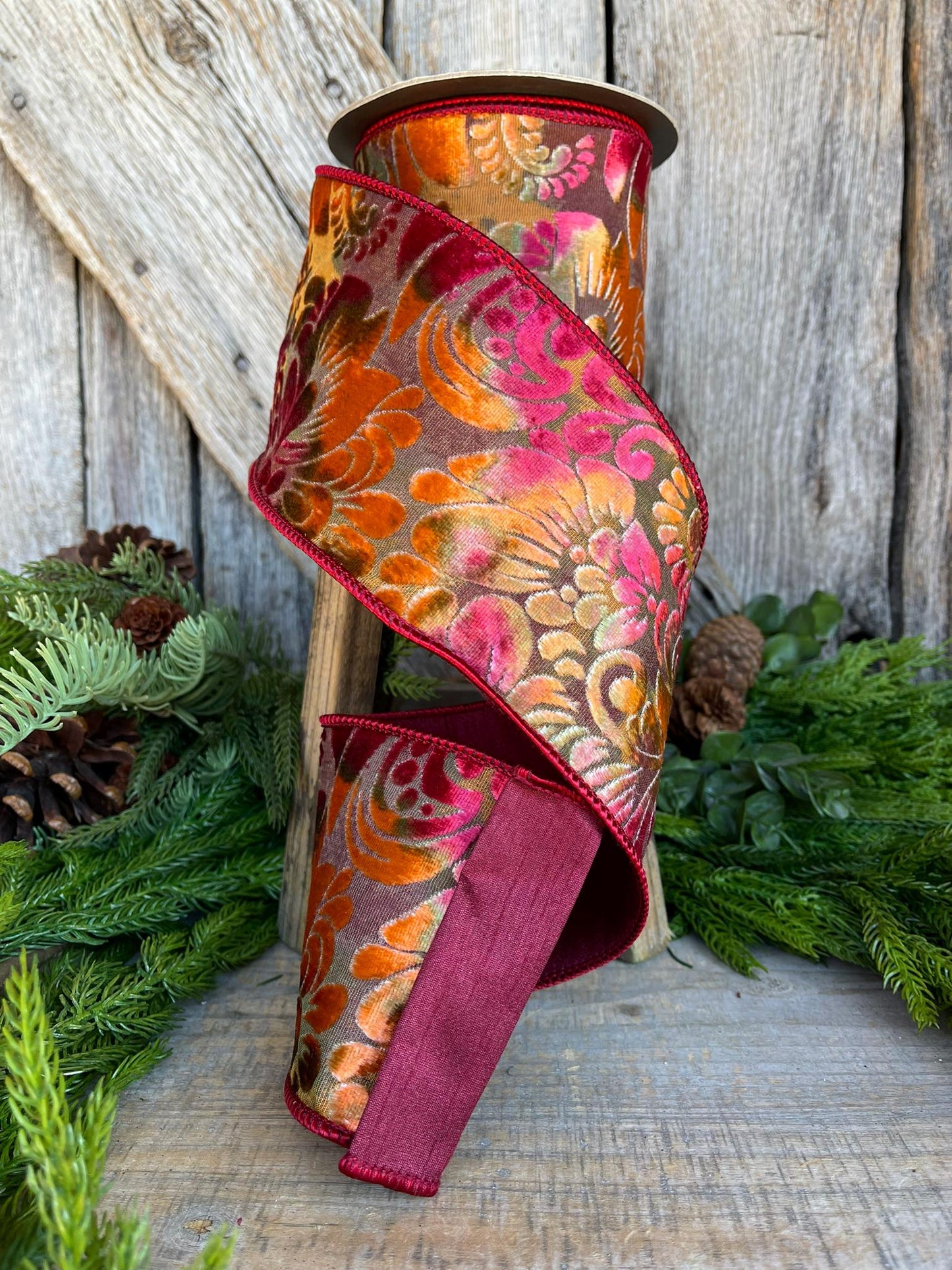 4" Velvet Floral Ribbon, Burgundy Ribbon, Rust Colored, Warm Tones Ribbon, Christmas Tree Ribbon, Velvet Ribbon