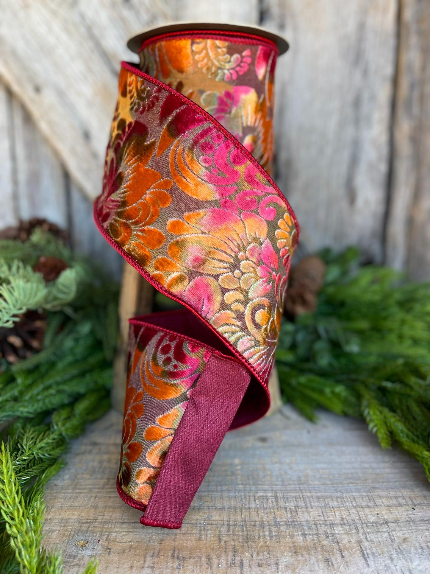 4" Velvet Floral Ribbon, Burgundy Ribbon, Rust Colored, Warm Tones Ribbon, Christmas Tree Ribbon, Velvet Ribbon