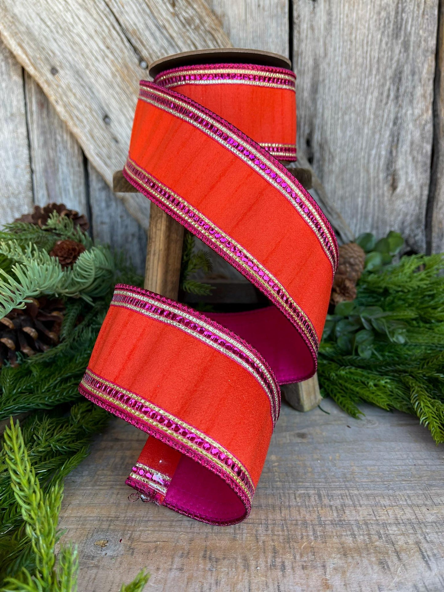 2.5" Orange Hot Pink Sequin Trim RIbbon, Wired RIbbon, Orange Ribbon, Orange and Hot Pink Ribbon, Sequin Ribbon, Christmas Ribbon