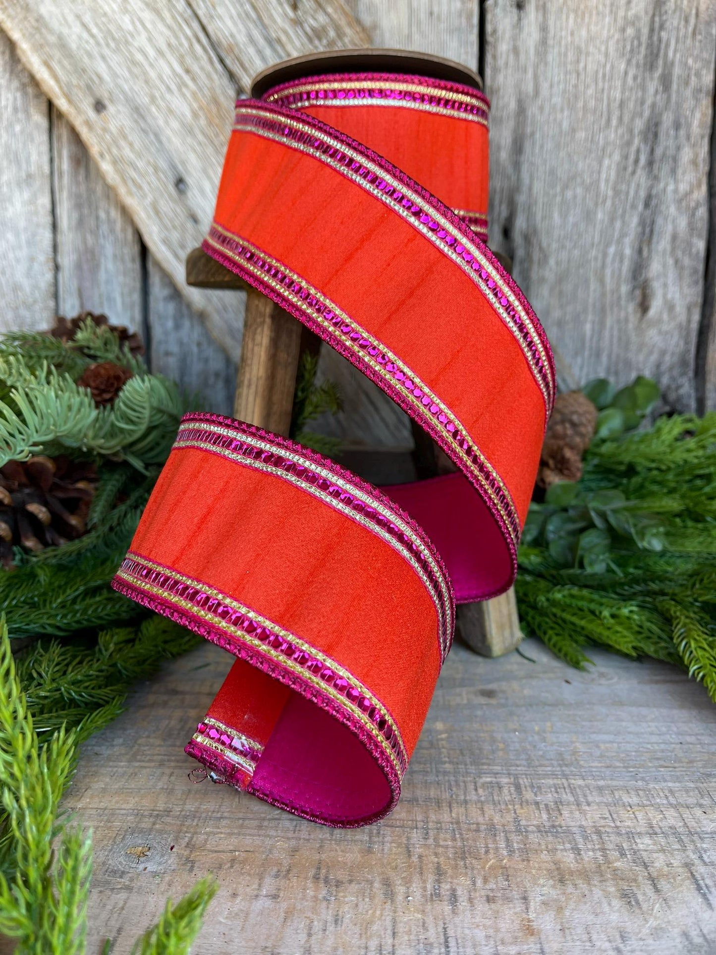 2.5" Orange Hot Pink Sequin Trim RIbbon, Wired RIbbon, Orange Ribbon, Orange and Hot Pink Ribbon, Sequin Ribbon, Christmas Ribbon