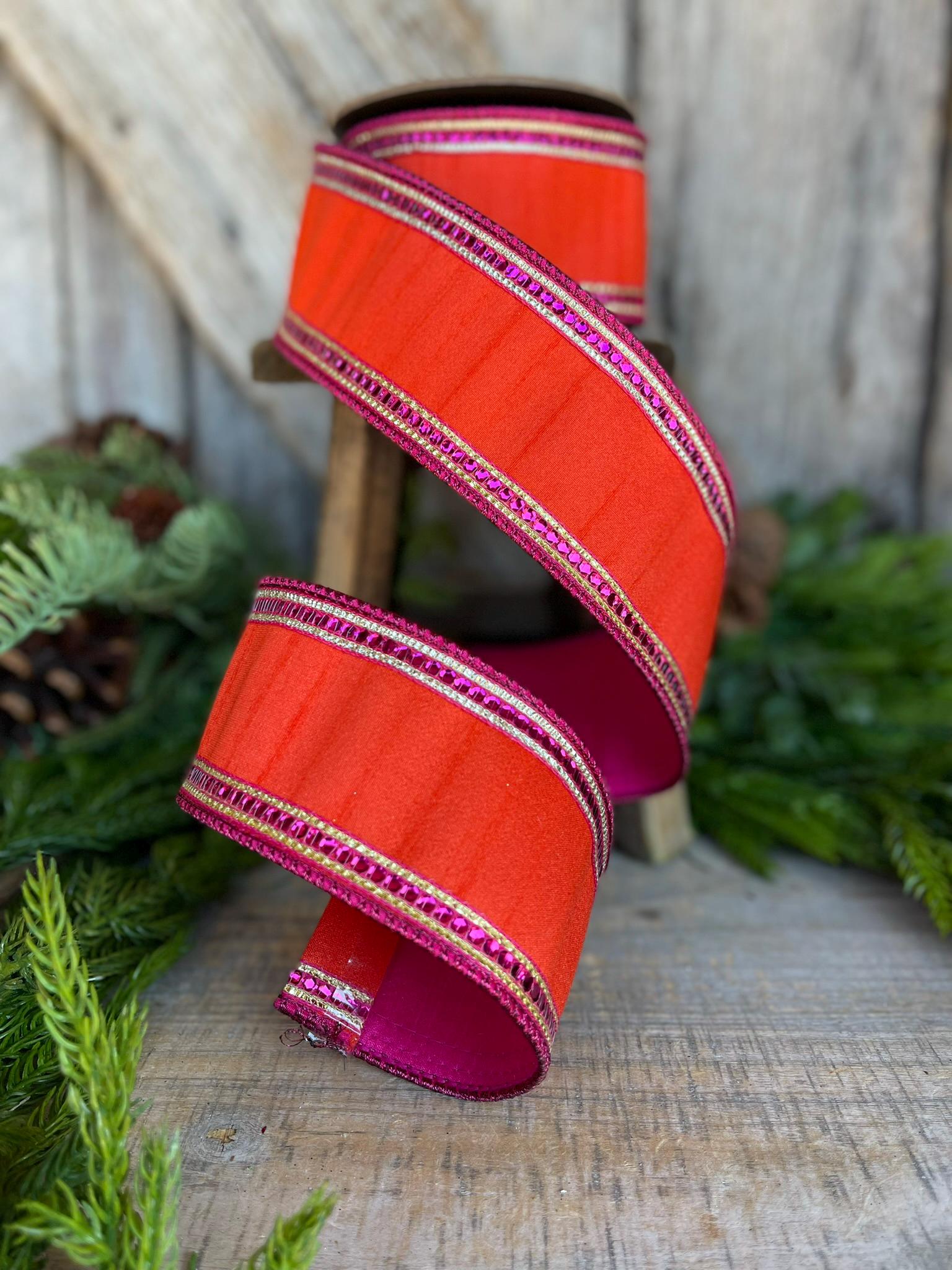 2.5" Orange Hot Pink Sequin Trim RIbbon, Wired RIbbon, Orange Ribbon, Orange and Hot Pink Ribbon, Sequin Ribbon, Christmas Ribbon