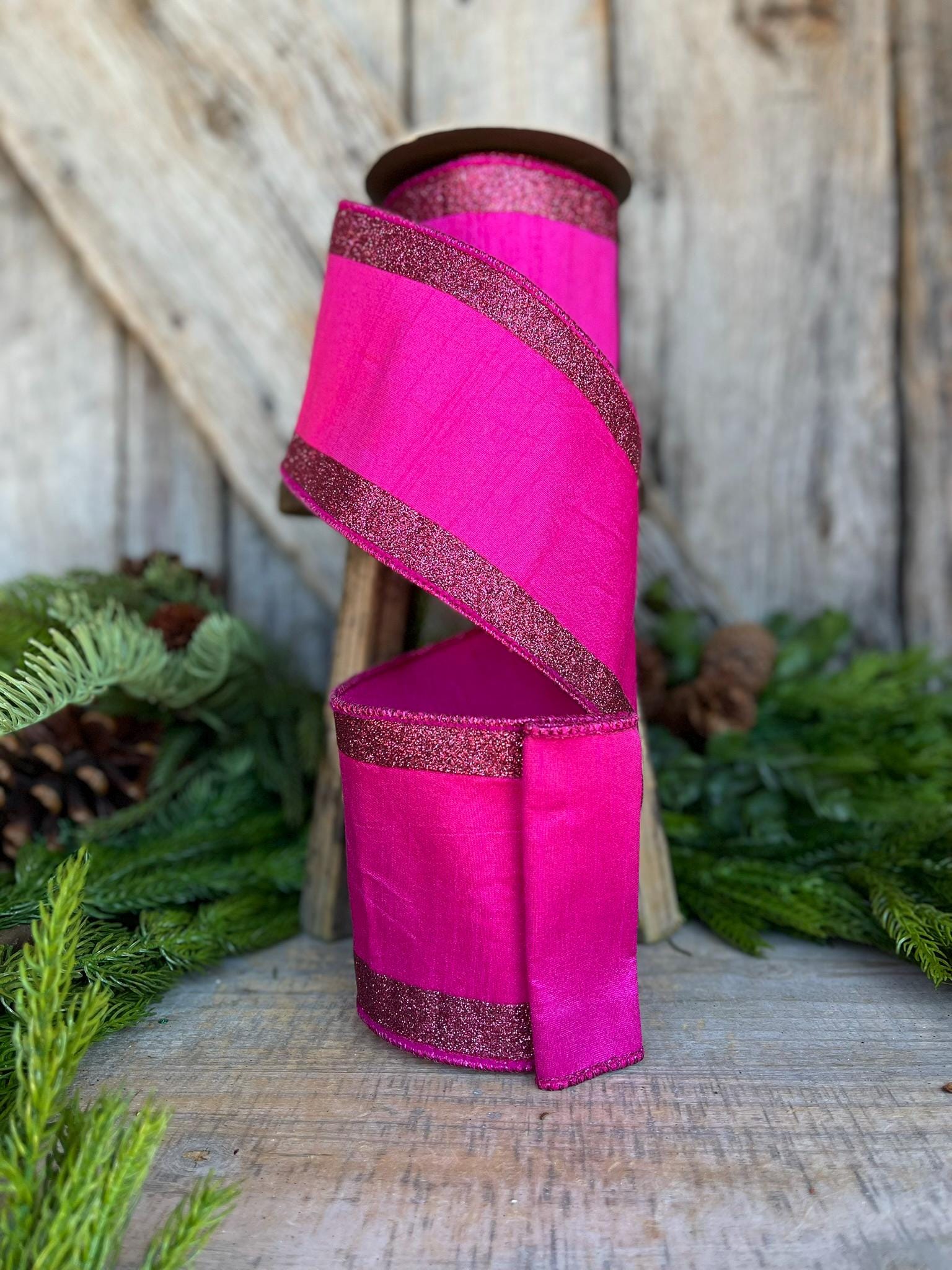 4" Hot Pink Ribbon, Hot Pink Wired RIbbon, Christmas RIbbon, Ribbon for Tree, Fuchsia Ribbon,Hot Pink Fuchsia Ribbon,Hot Pink Glitter RIbbon