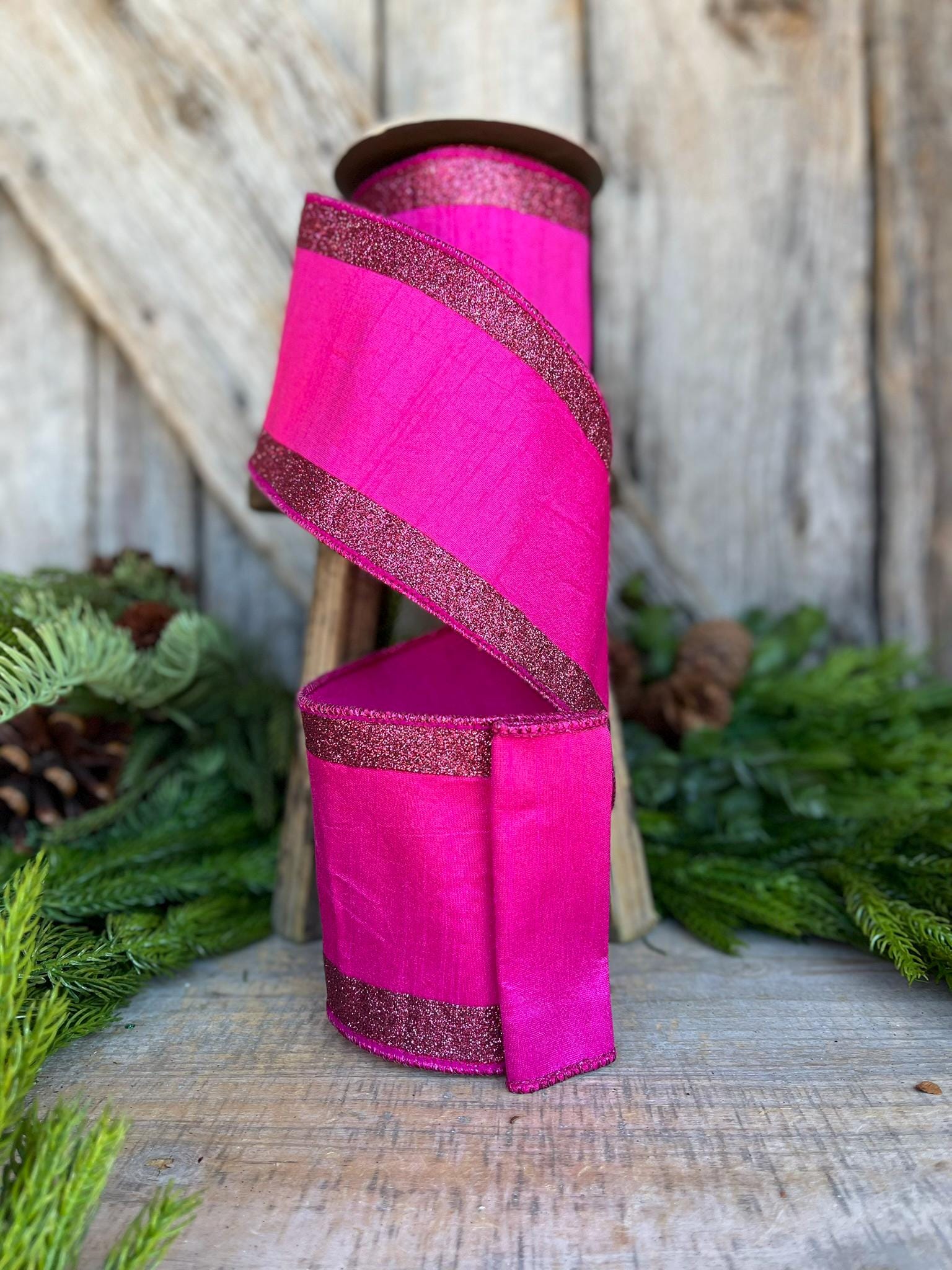 4" Hot Pink Ribbon, Hot Pink Wired RIbbon, Christmas RIbbon, Ribbon for Tree, Fuchsia Ribbon,Hot Pink Fuchsia Ribbon,Hot Pink Glitter RIbbon