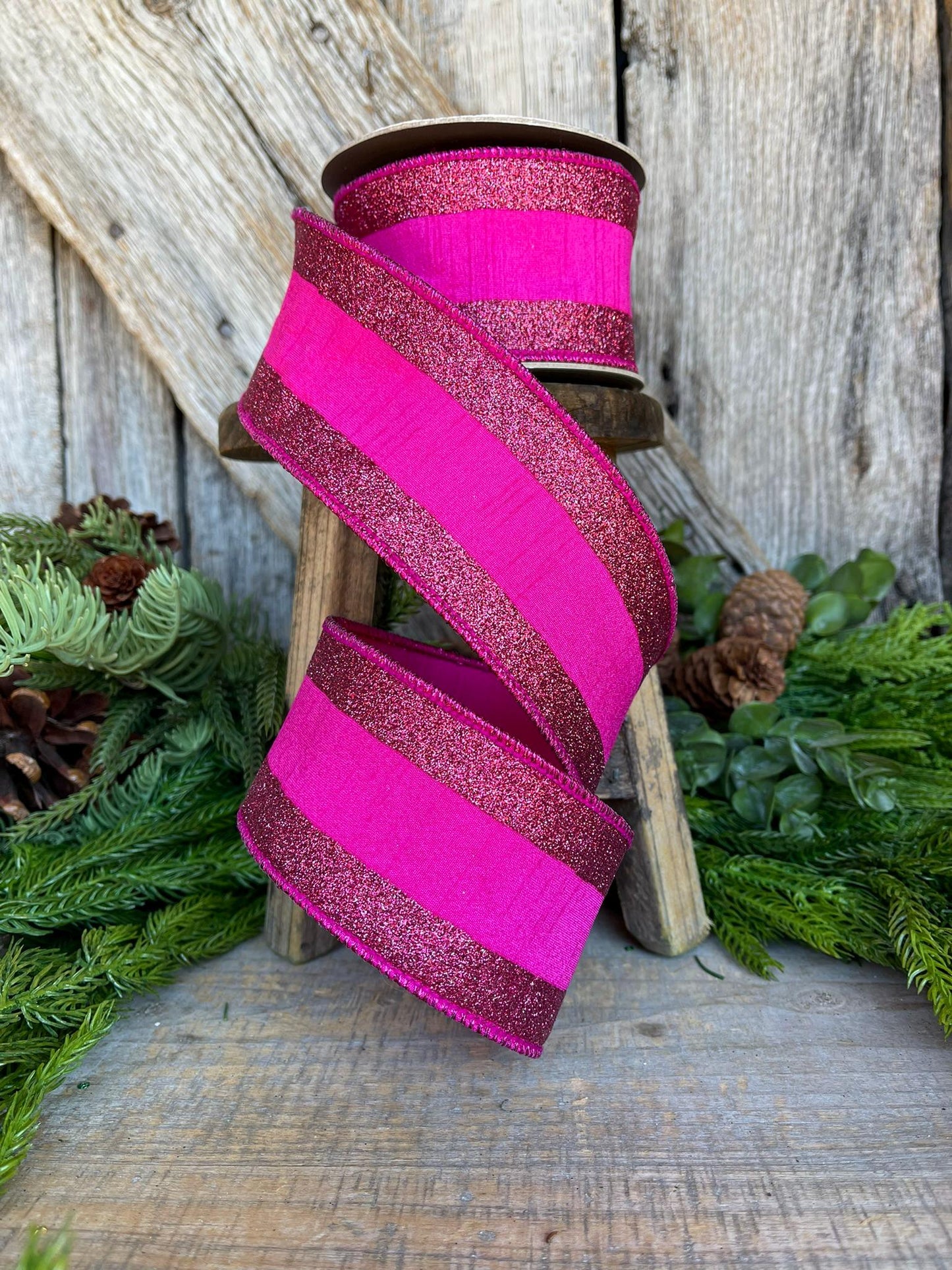 2.5" Hot Pink Ribbon, Hot Pink Wired RIbbon,Christmas RIbbon,Ribbon for Tree, Fuchsia Ribbon,Hot Pink Fuchsia Ribbon,Hot Pink Glitter RIbbon