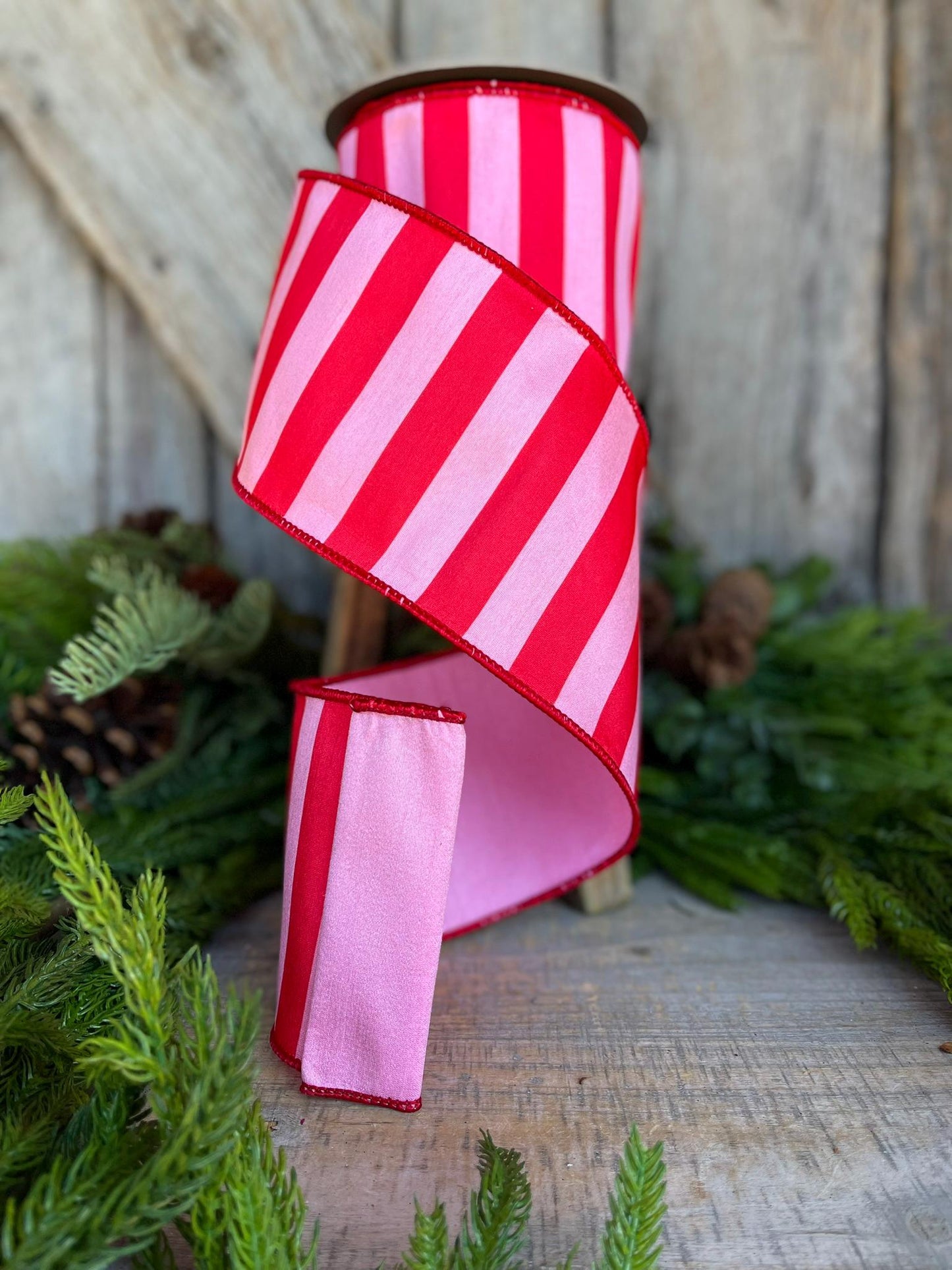 4" Red & Pink Stripe Ribbon, Christmas Ribbon, Pinkmas Ribon, Candy Cane Ribbon, Pink Ribbon, Pink Christmas Tree Ribbon, Wired Ribbon