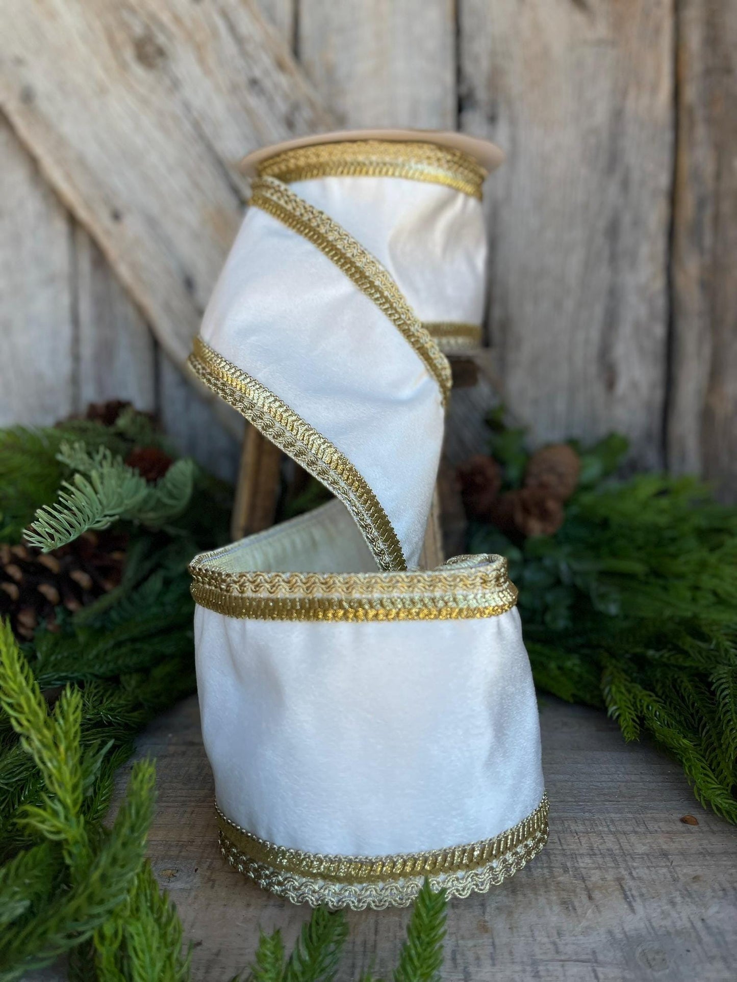 4" White Gold Ribbon, Wired RIbbon, White Velvet Ribbon, Christmas Ribbon, Ribbon for Tree, Velvet Ribbon for Tree