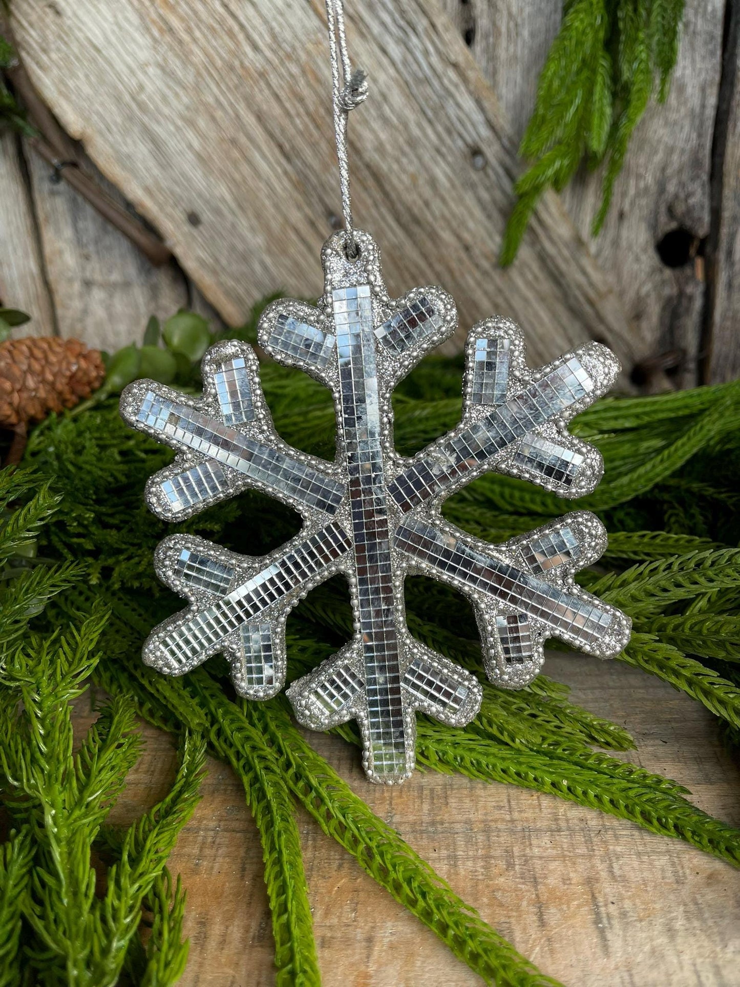 5.5" Silver Snowflake Ornament, Shatterproof Ornament, Snowflake Ornament, Disco Ball Ornament, Christmas Tree Ornament, Mirrored Ornament