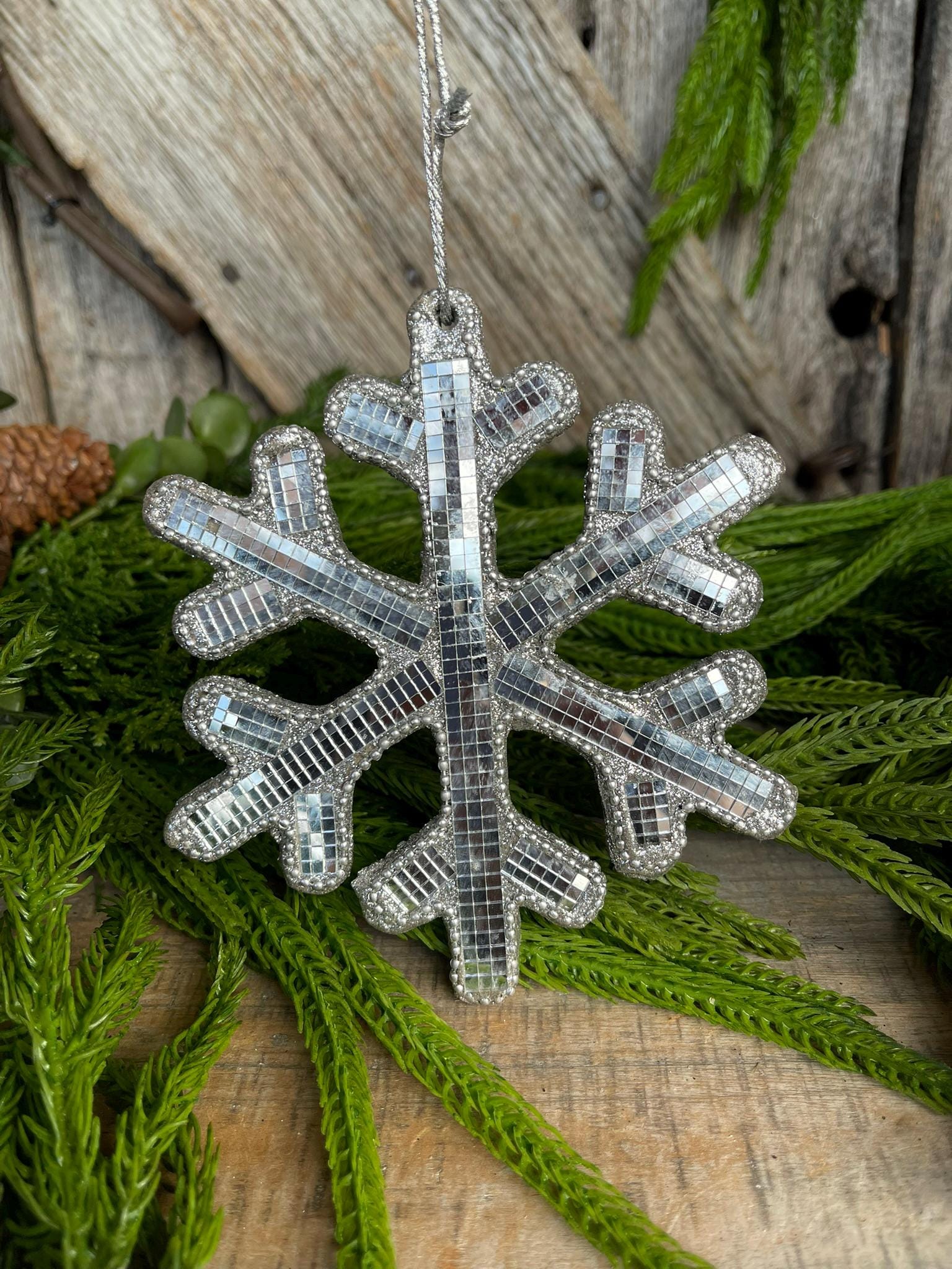 5.5" Silver Snowflake Ornament, Shatterproof Ornament, Snowflake Ornament, Disco Ball Ornament, Christmas Tree Ornament, Mirrored Ornament