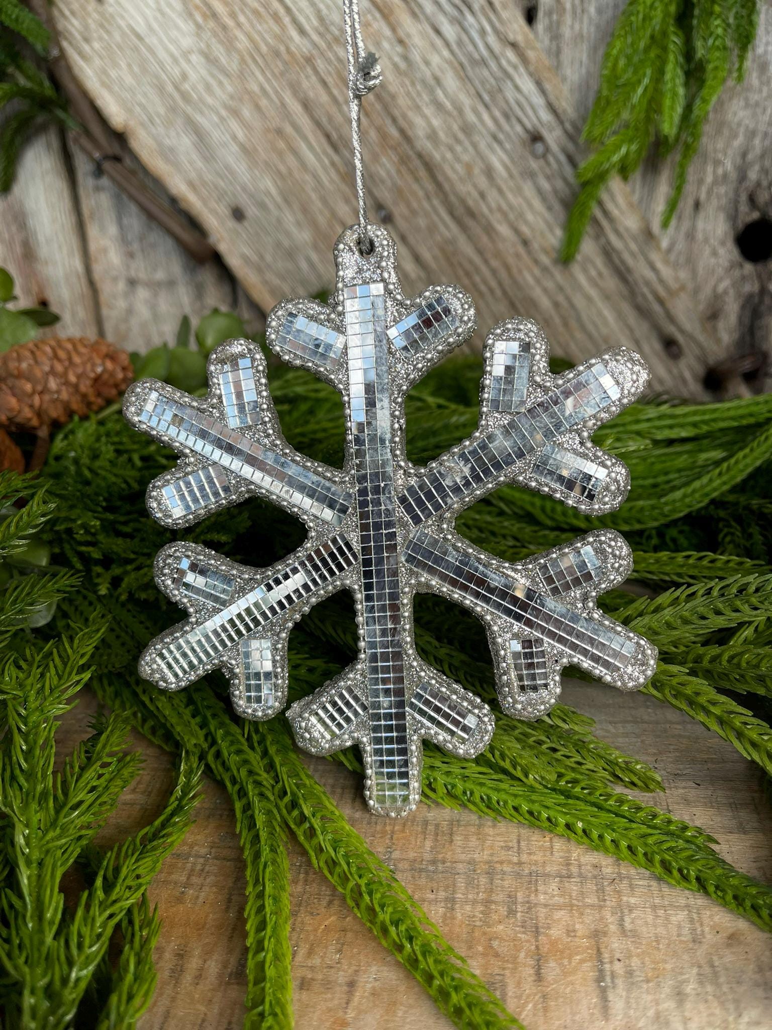 5.5" Silver Snowflake Ornament, Shatterproof Ornament, Snowflake Ornament, Disco Ball Ornament, Christmas Tree Ornament, Mirrored Ornament