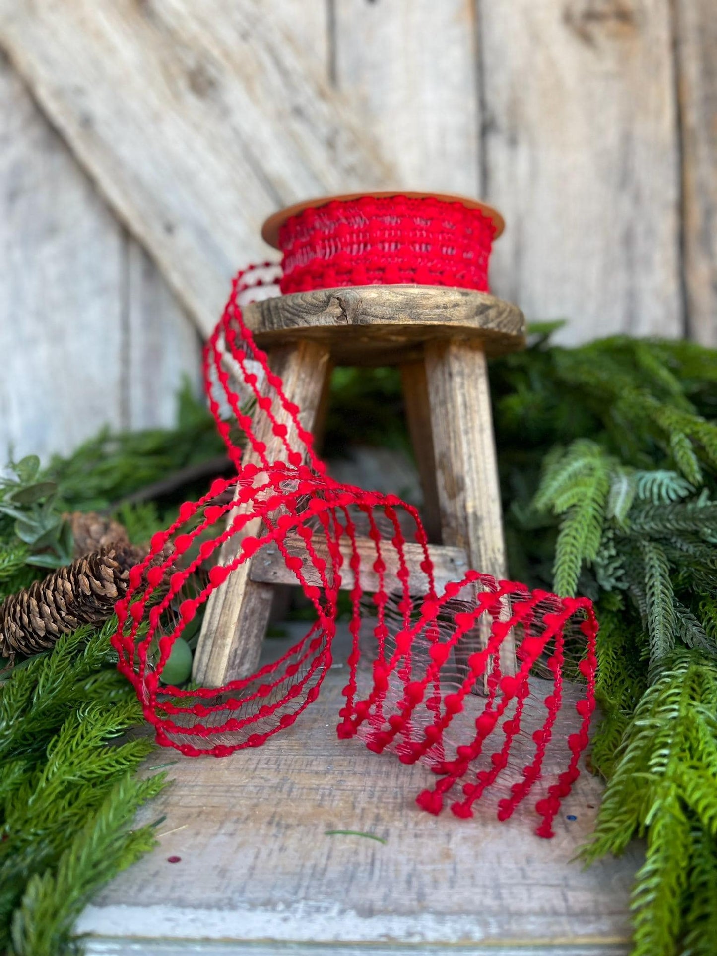 1.5" Red Pom Pom Ribbon, Red Wired Ribbon, Christmas RIbbon, Gift Wrap Ribbon, Ribbon for Bows