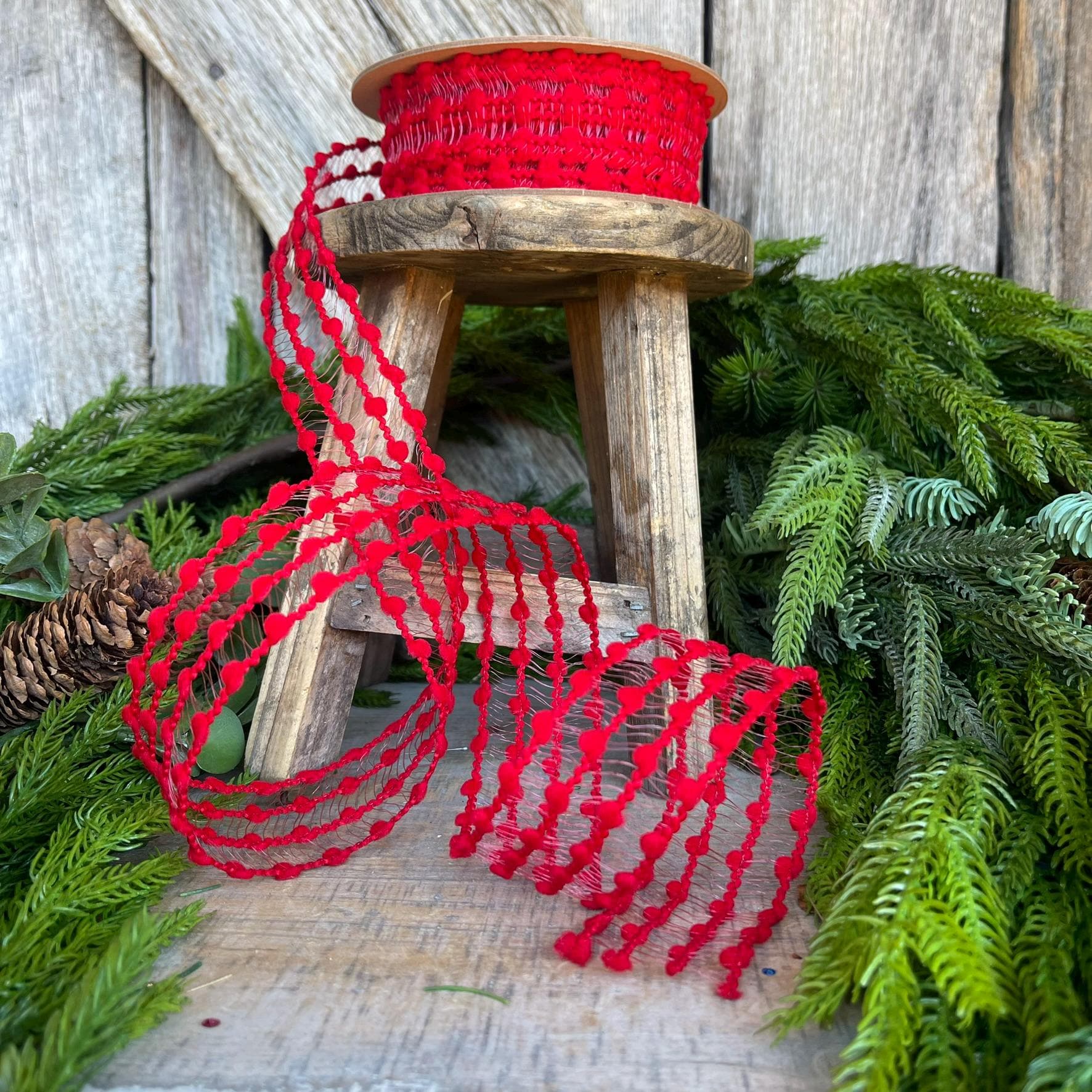 1.5" Red Pom Pom Ribbon, Red Wired Ribbon, Christmas RIbbon, Gift Wrap Ribbon, Ribbon for Bows