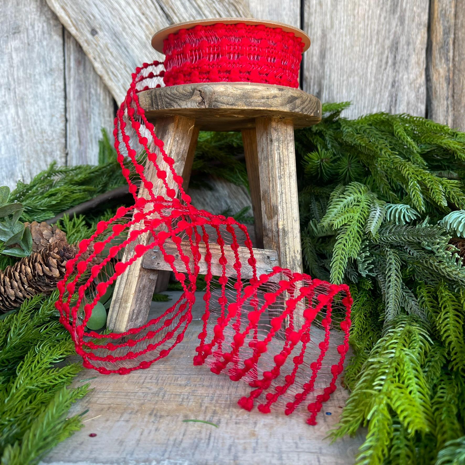 1.5" Red Pom Pom Ribbon, Red Wired Ribbon, Christmas RIbbon, Gift Wrap Ribbon, Ribbon for Bows