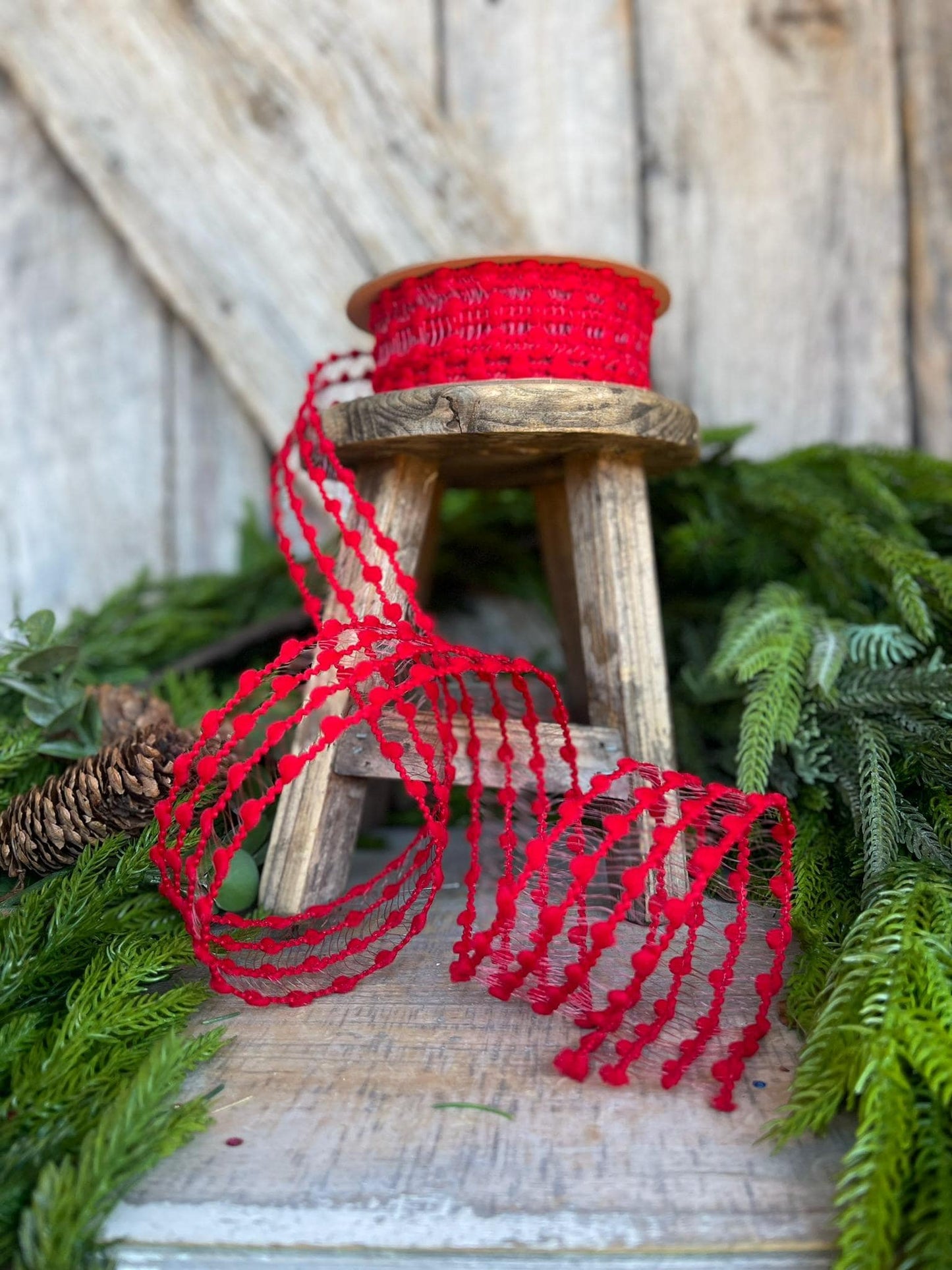 1.5" Red Pom Pom Ribbon, Red Wired Ribbon, Christmas RIbbon, Gift Wrap Ribbon, Ribbon for Bows