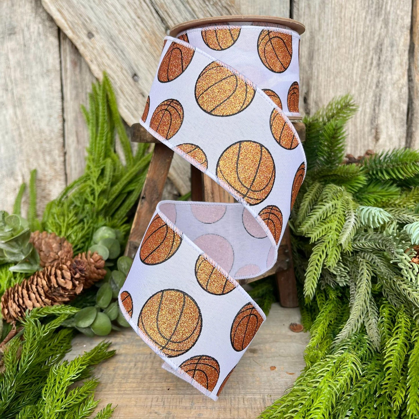 2.5" Basketball Wired Ribbon, Basketball Ribbon, Sports Ribbon, Wired Ribbon, Ribbon for Bows