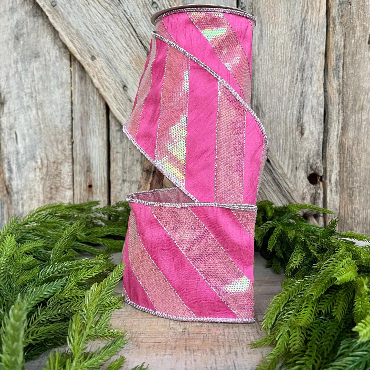 4" Hot Pink Diagonal Stripe Ribbon, Christmas Ribbon, Pinkmas Ribbon, Candy Cane Ribbon, Pink Ribbon, Pink Christmas Tree Ribbon, Wired