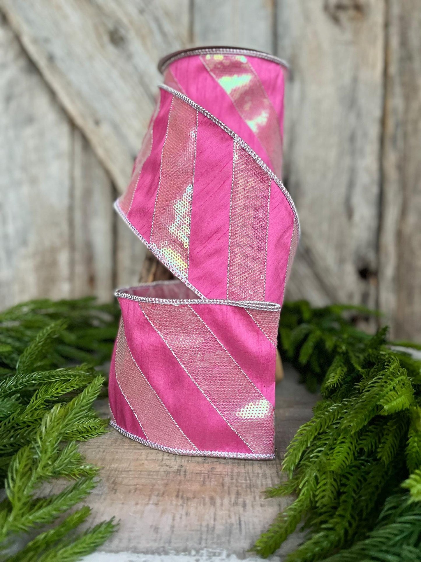 4" Hot Pink Diagonal Stripe Ribbon, Christmas Ribbon, Pinkmas Ribbon, Candy Cane Ribbon, Pink Ribbon, Pink Christmas Tree Ribbon, Wired