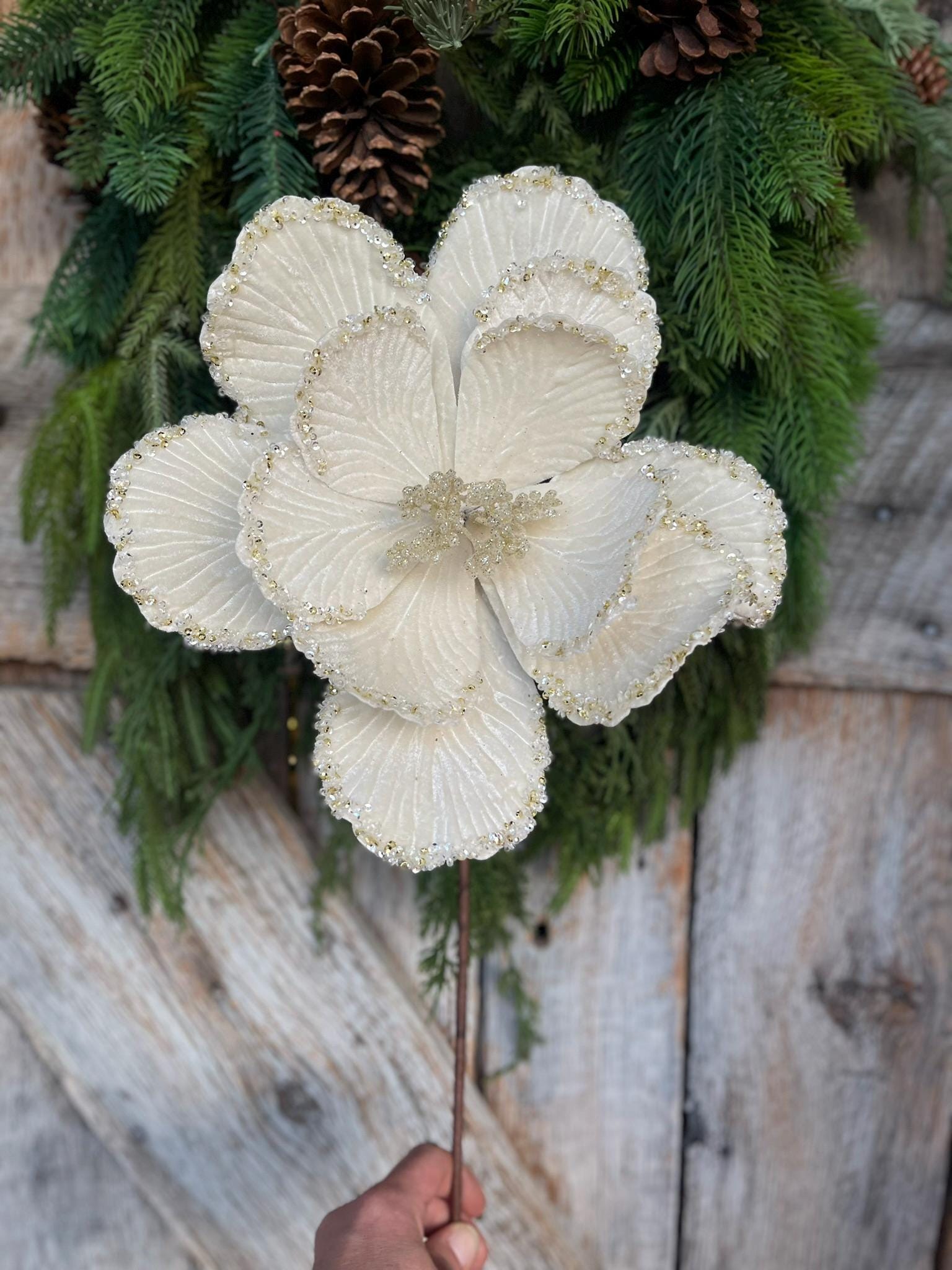 20" Cream Ivory Velvet Magnolia, Christmas Magnolia, Faux Magnolia Stem, Glitz Magnolia, Ivory Christmas Floral