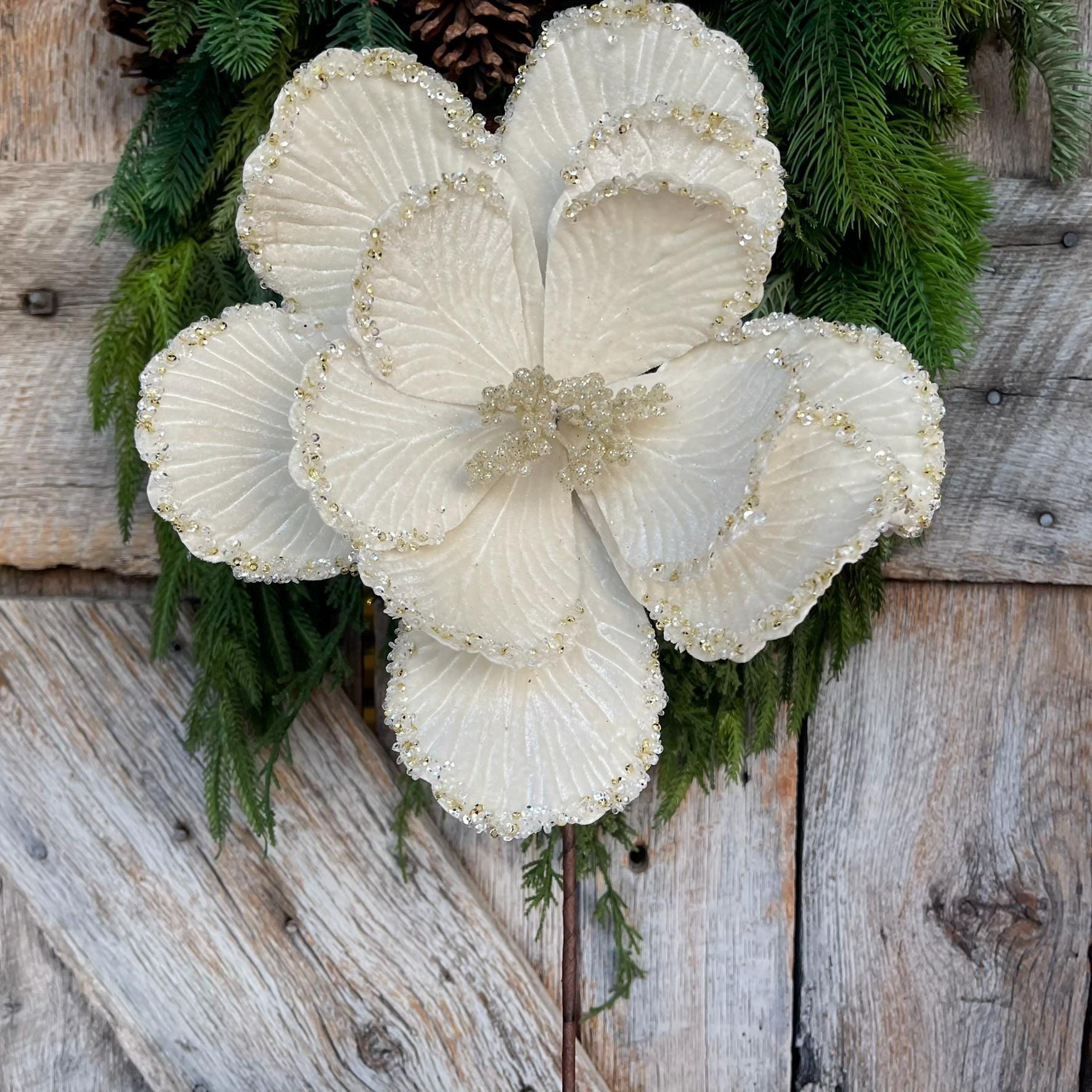 20" Cream Ivory Velvet Magnolia, Christmas Magnolia, Faux Magnolia Stem, Glitz Magnolia, Ivory Christmas Floral