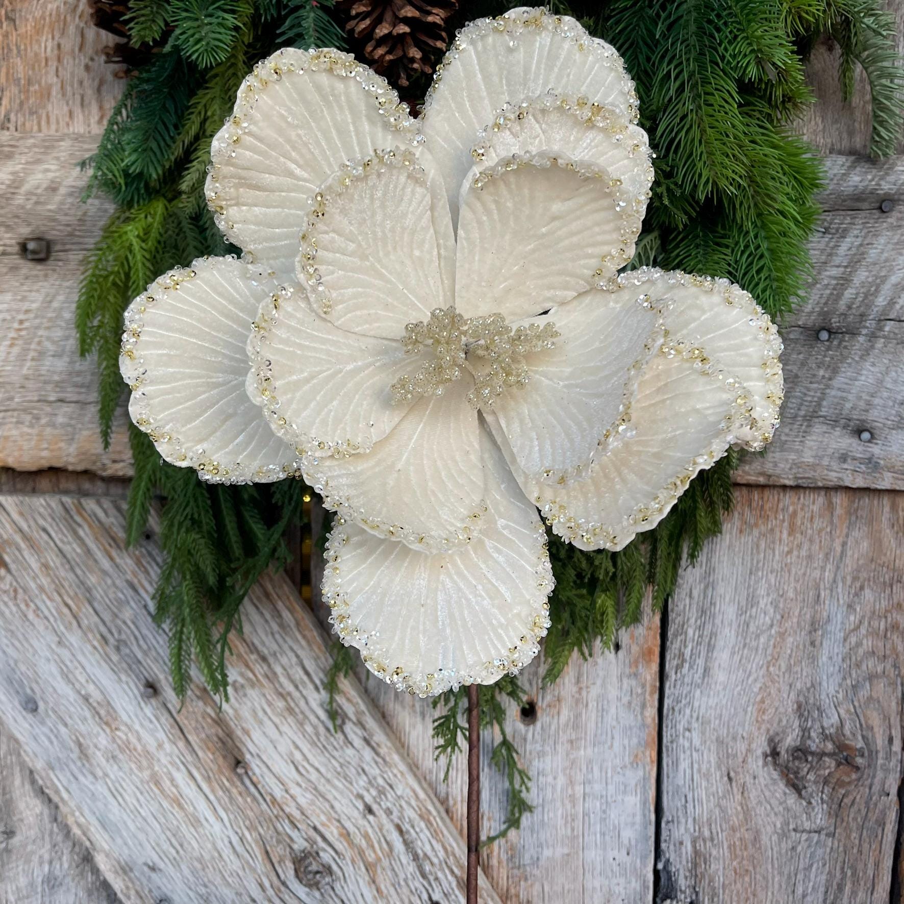 20" Cream Ivory Velvet Magnolia, Christmas Magnolia, Faux Magnolia Stem, Glitz Magnolia, Ivory Christmas Floral