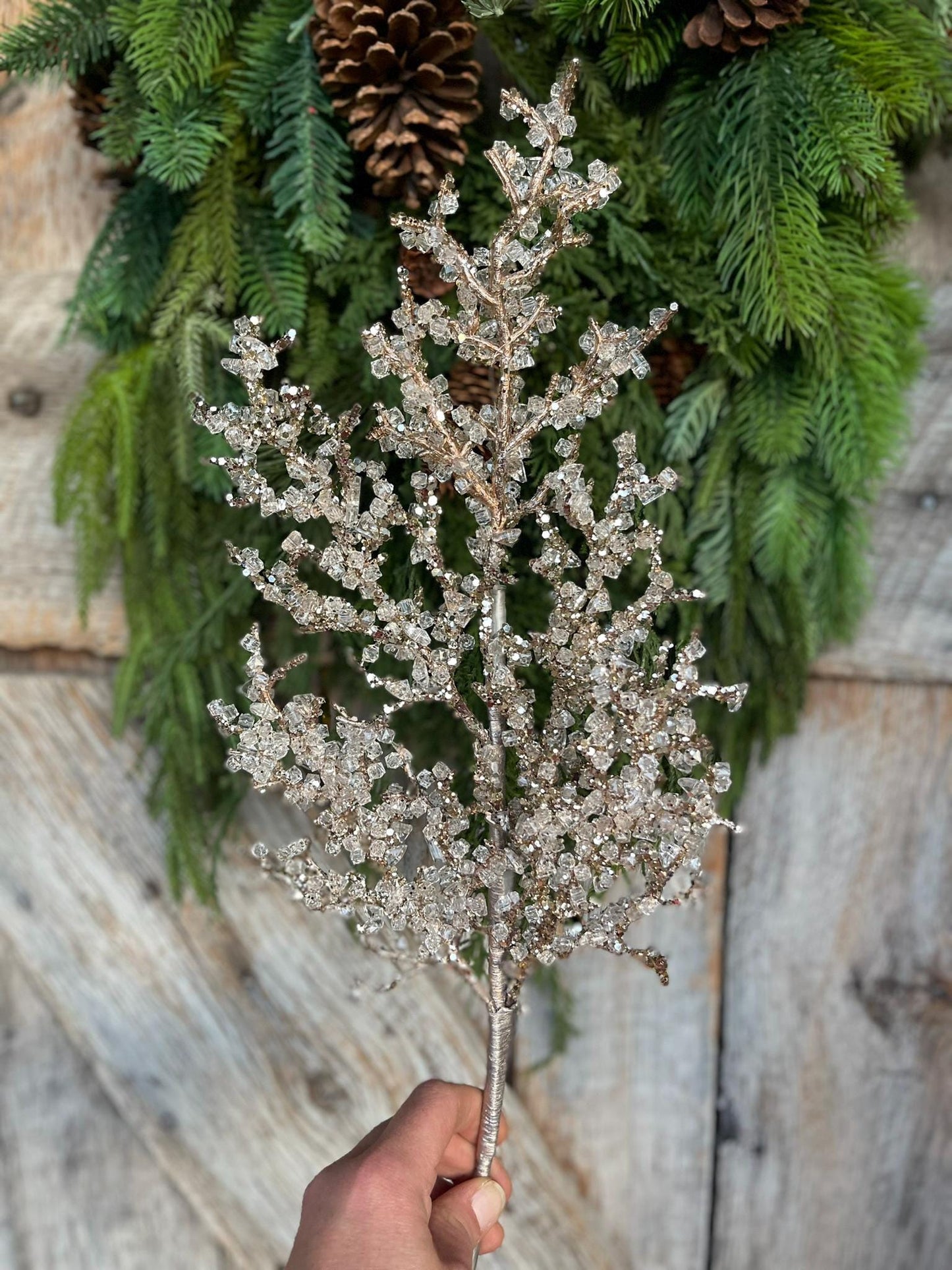 22" Champagne Gold Ice Spray, Christmas Tree Spray, Gold Picks Stems, Gold Christmas Tree Spray