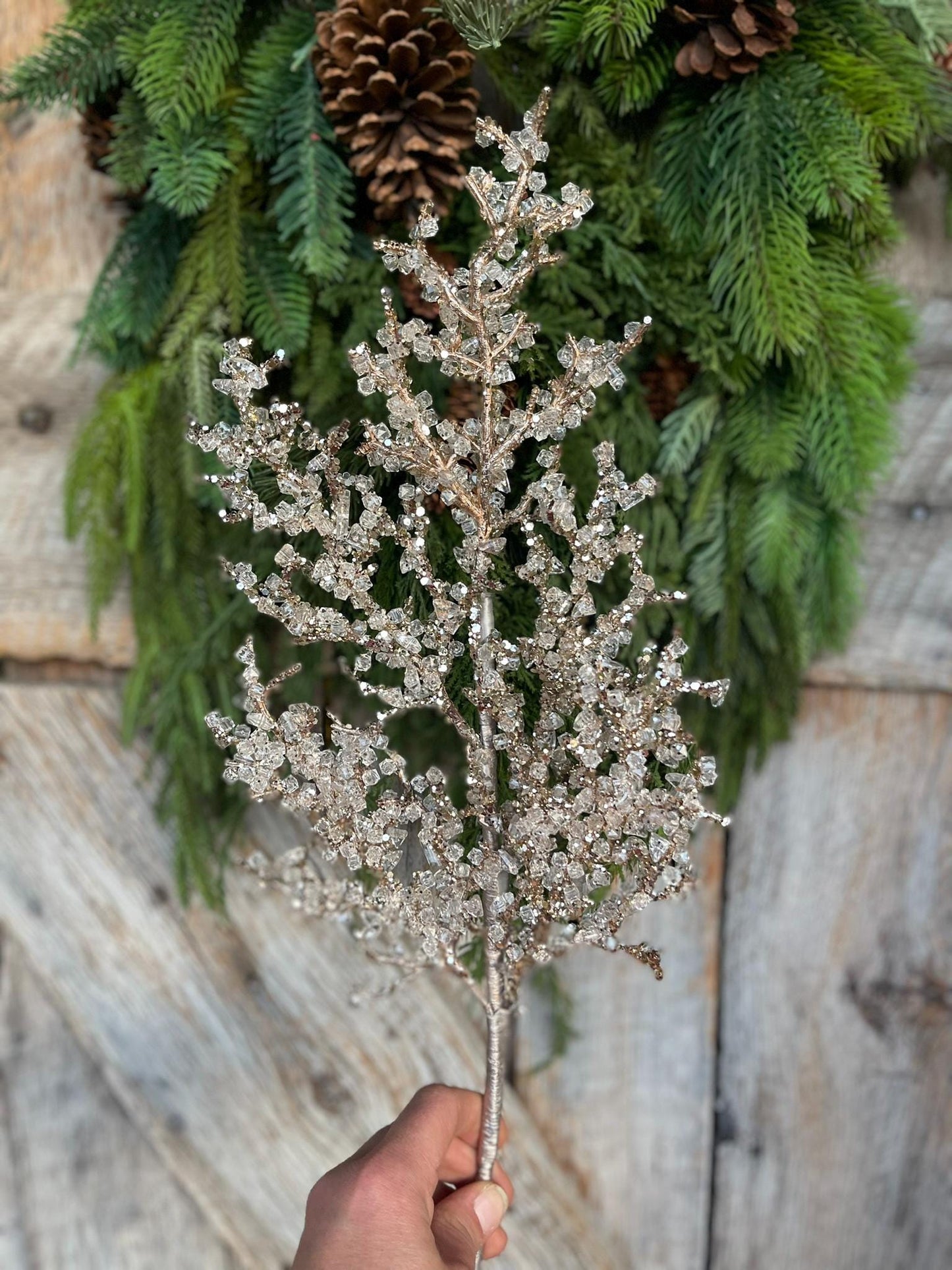 22" Champagne Gold Ice Spray, Christmas Tree Spray, Gold Picks Stems, Gold Christmas Tree Spray