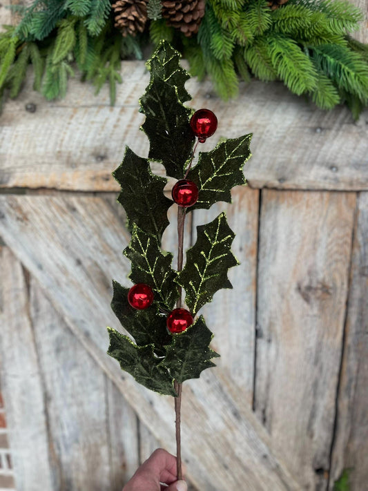 27" Red Green Velvet Holly Leaf Spray, Christmas Spray, Christmas Tree Spray, Christmas Tree Topper, Christmas Velvet Spray, Wreath Supply