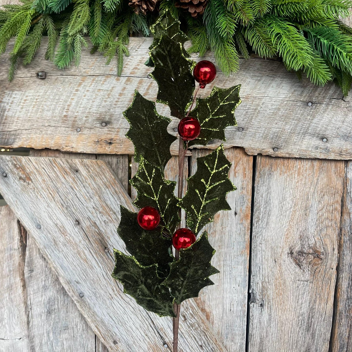 27" Red Green Velvet Holly Leaf Spray, Christmas Spray, Christmas Tree Spray, Christmas Tree Topper, Christmas Velvet Spray, Wreath Supply