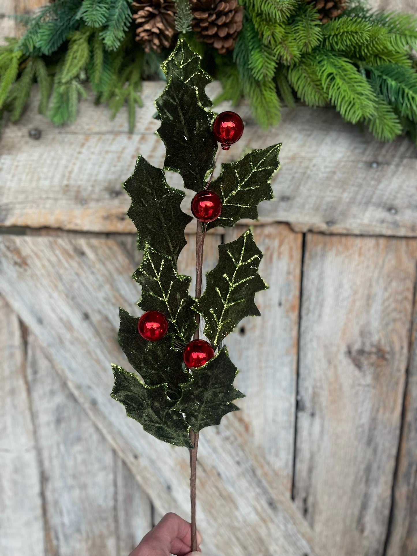 27" Red Green Velvet Holly Leaf Spray, Christmas Spray, Christmas Tree Spray, Christmas Tree Topper, Christmas Velvet Spray, Wreath Supply