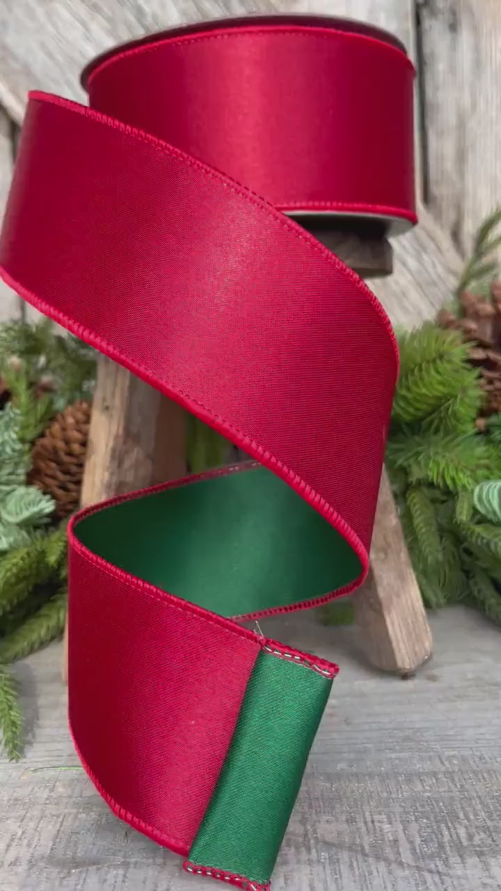 2.5 Red Green Satin Duo Ribbon, Farrisilk Ribbon