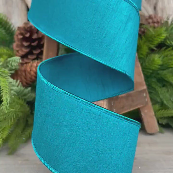 2.5” Turquoise Dupion Ribbon, Farrisilk ribbon, wired ribbon