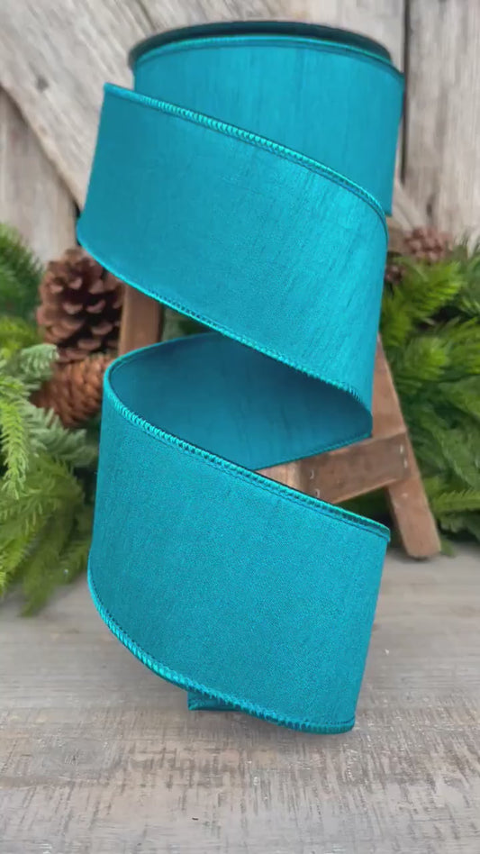 2.5” Turquoise Dupion Ribbon, Farrisilk ribbon, wired ribbon