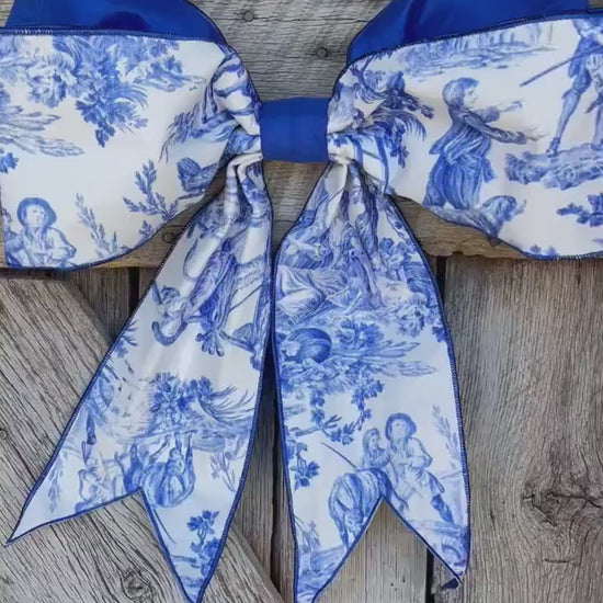 19” x 16“ Blue Chinoiserie Bow, Jumbo Blue and White Chinoiserie Ribbon, Wired RIbbon