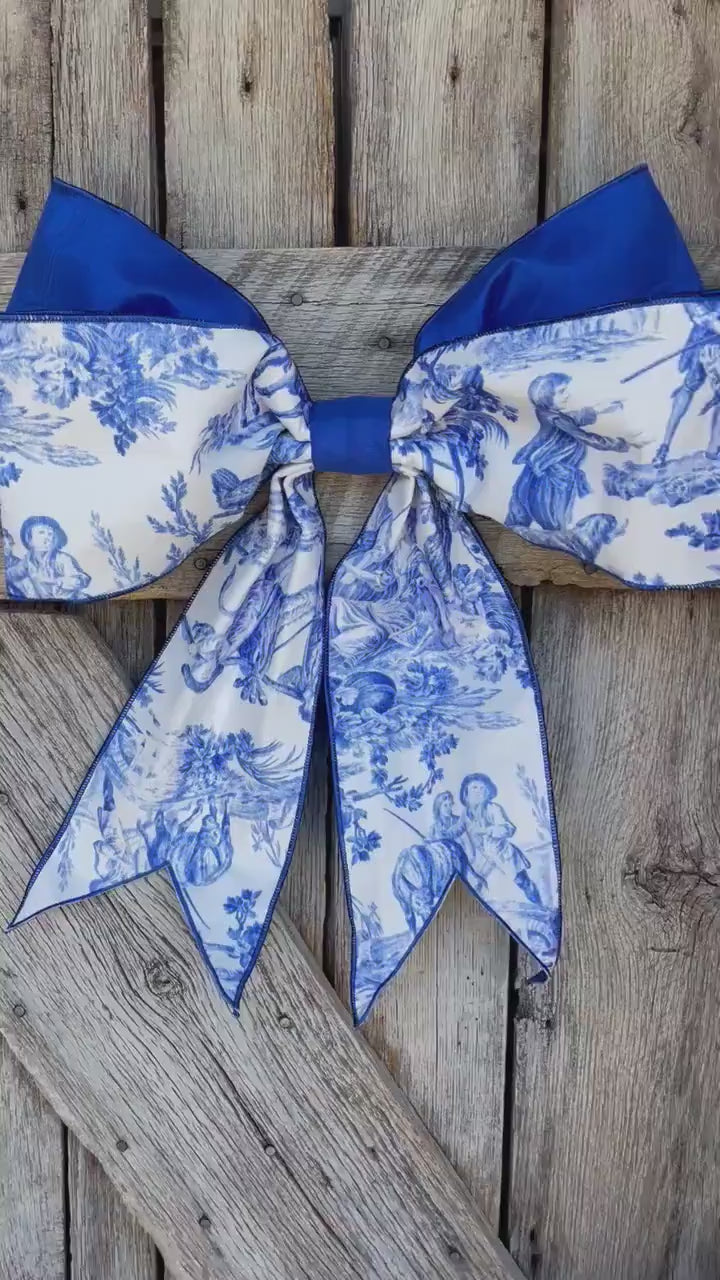 19” x 16“ Blue Chinoiserie Bow, Jumbo Blue and White Chinoiserie Ribbon, Wired RIbbon