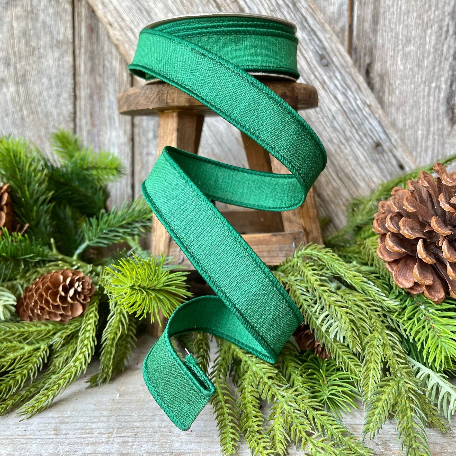 2.5 Emerald Green Shabby Silk, Farrisilk Ribbon, Wired Ribbon